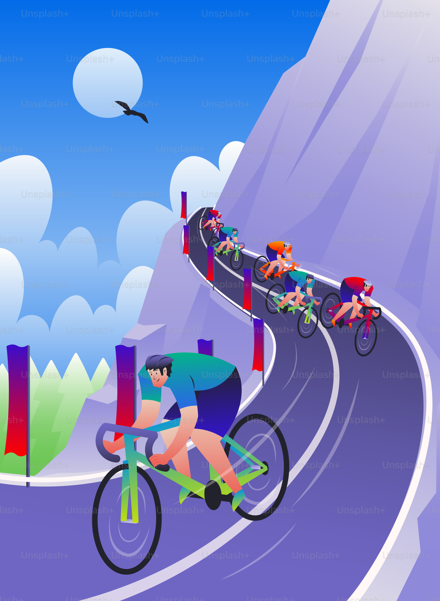 Cyclists race uphill on a winding mountain road with flags.