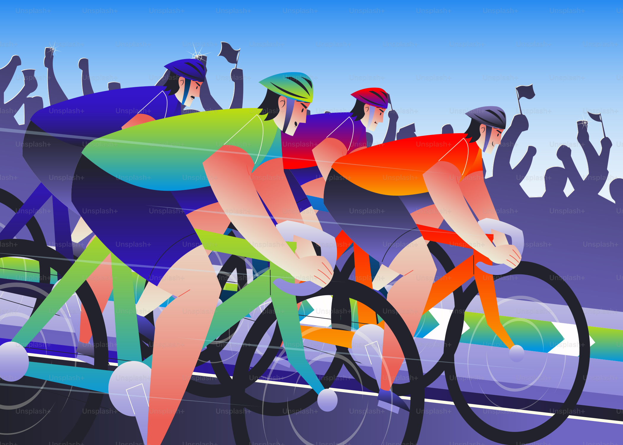 Cyclists racing intensely with a cheering crowd in the background.
