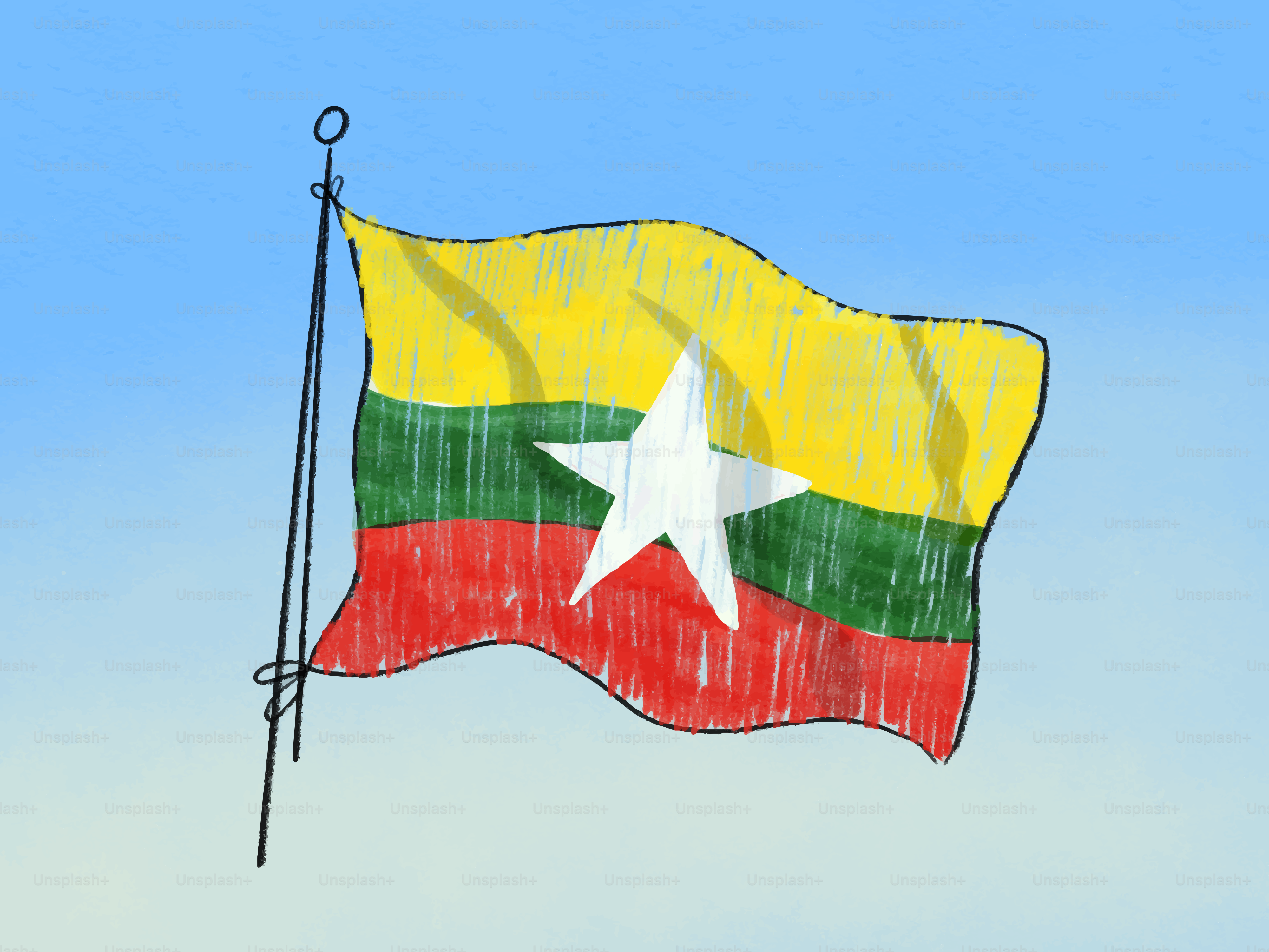 Uma bandeira desenhada à mão de Mianmar tremulando contra um céu azul