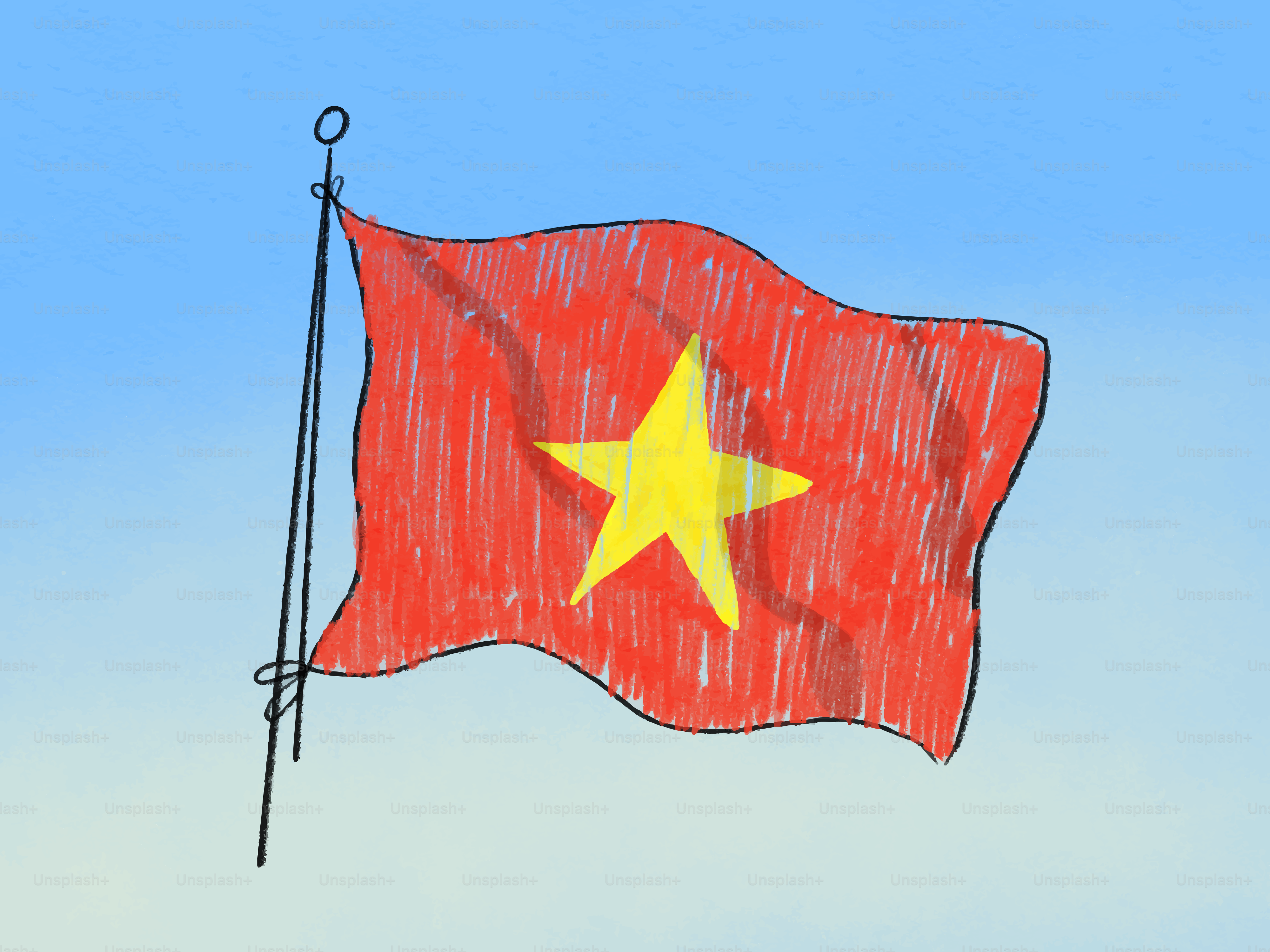 Una bandera de Vietnam boceada ondea contra un cielo azul.