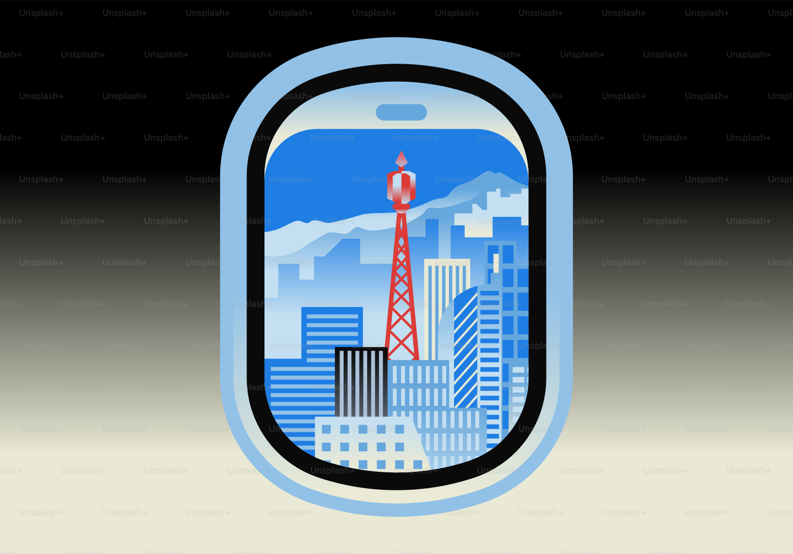 Cityscape with a red tower viewed through a smartphone-shaped window.