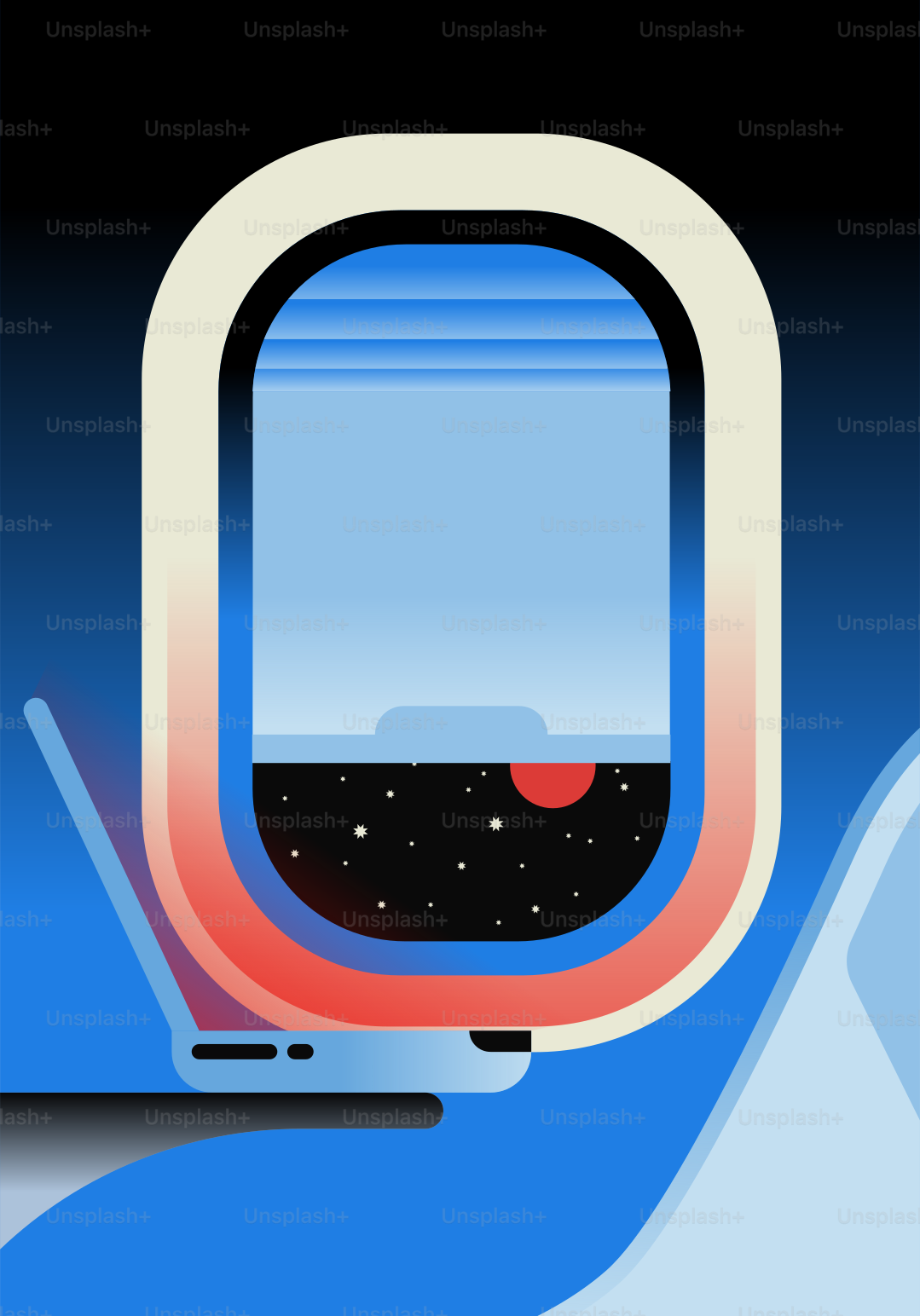 Laptop and airplane window showing sky, stars, and red sun.