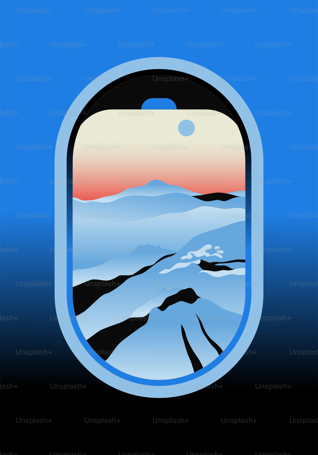 View of snowy mountains from an airplane window at sunset.