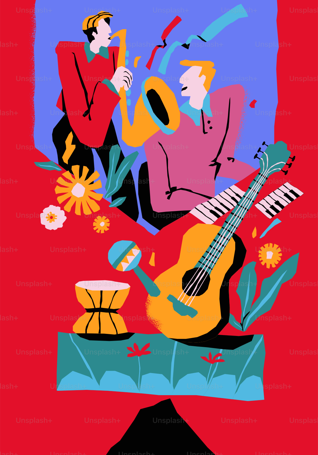 Dua musisi bermain saksofon dan gitar dalam ilustrasi yang semarak.