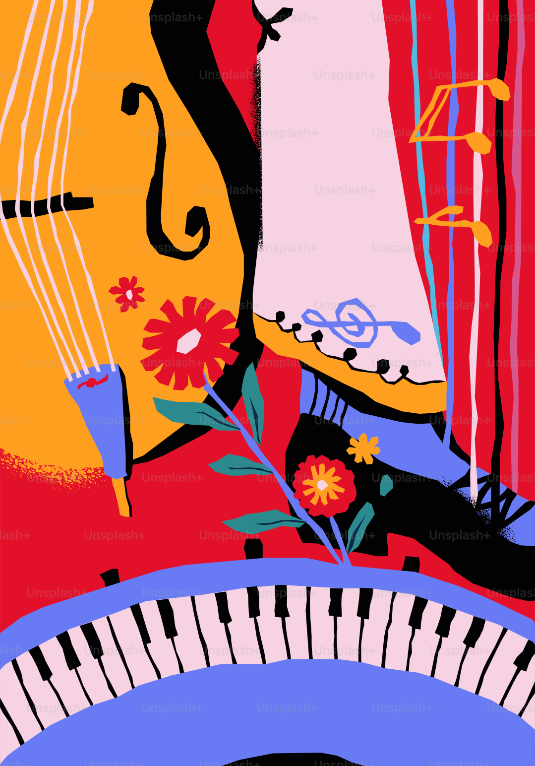 Vibrant abstract art featuring musical instruments, a foot, and flowers.
