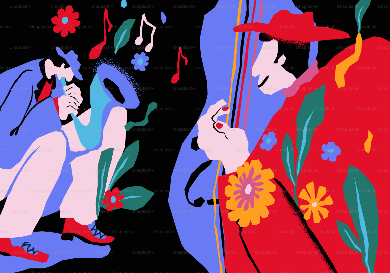 Two stylized musicians playing saxophone and double bass with flowers.