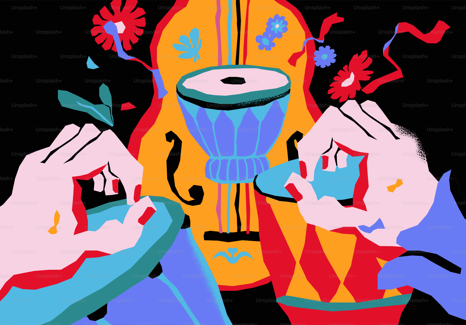 Hands playing colorful percussion instruments in a vibrant illustration.