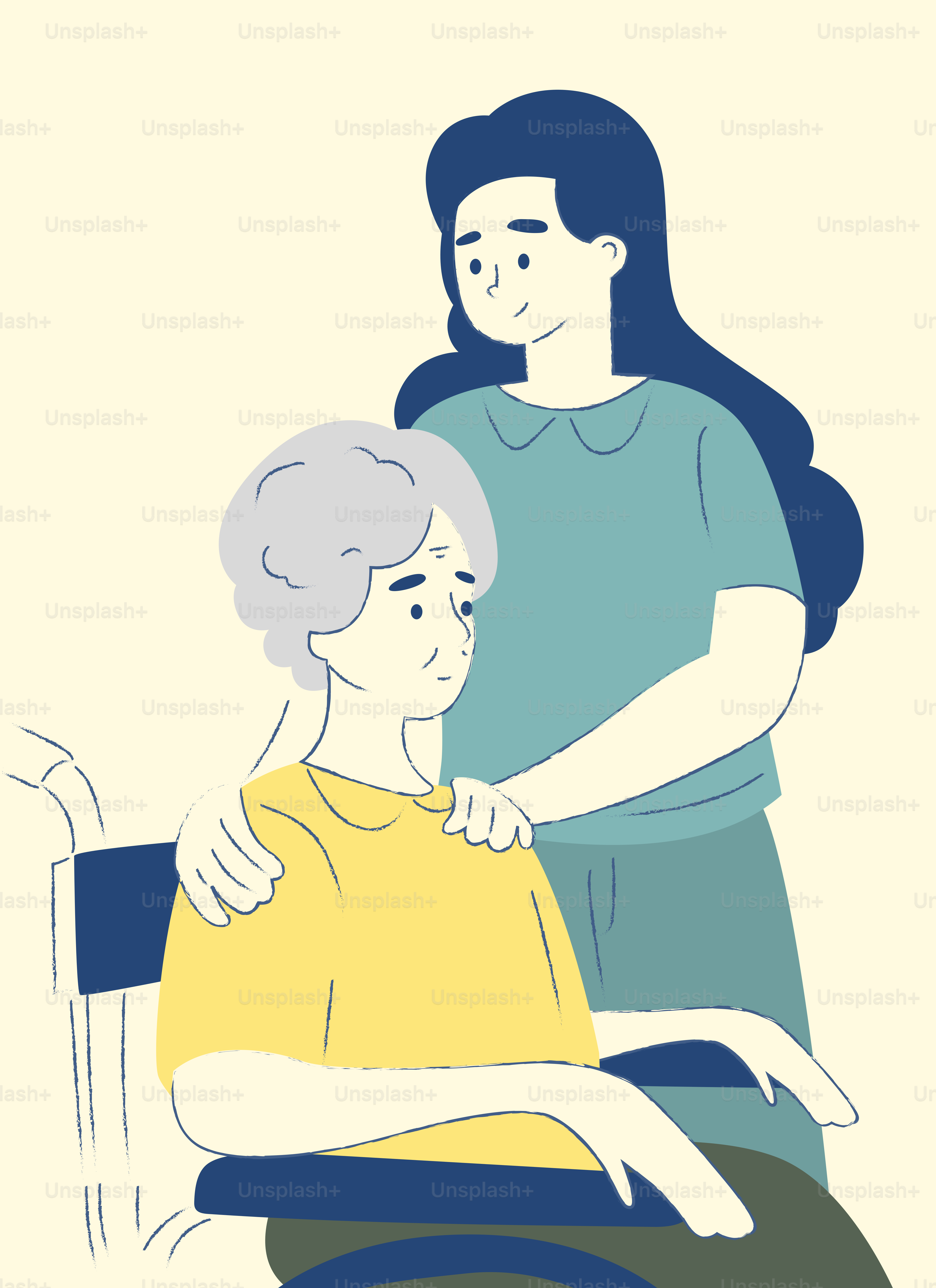 A young woman comforts an elderly woman in a wheelchair.