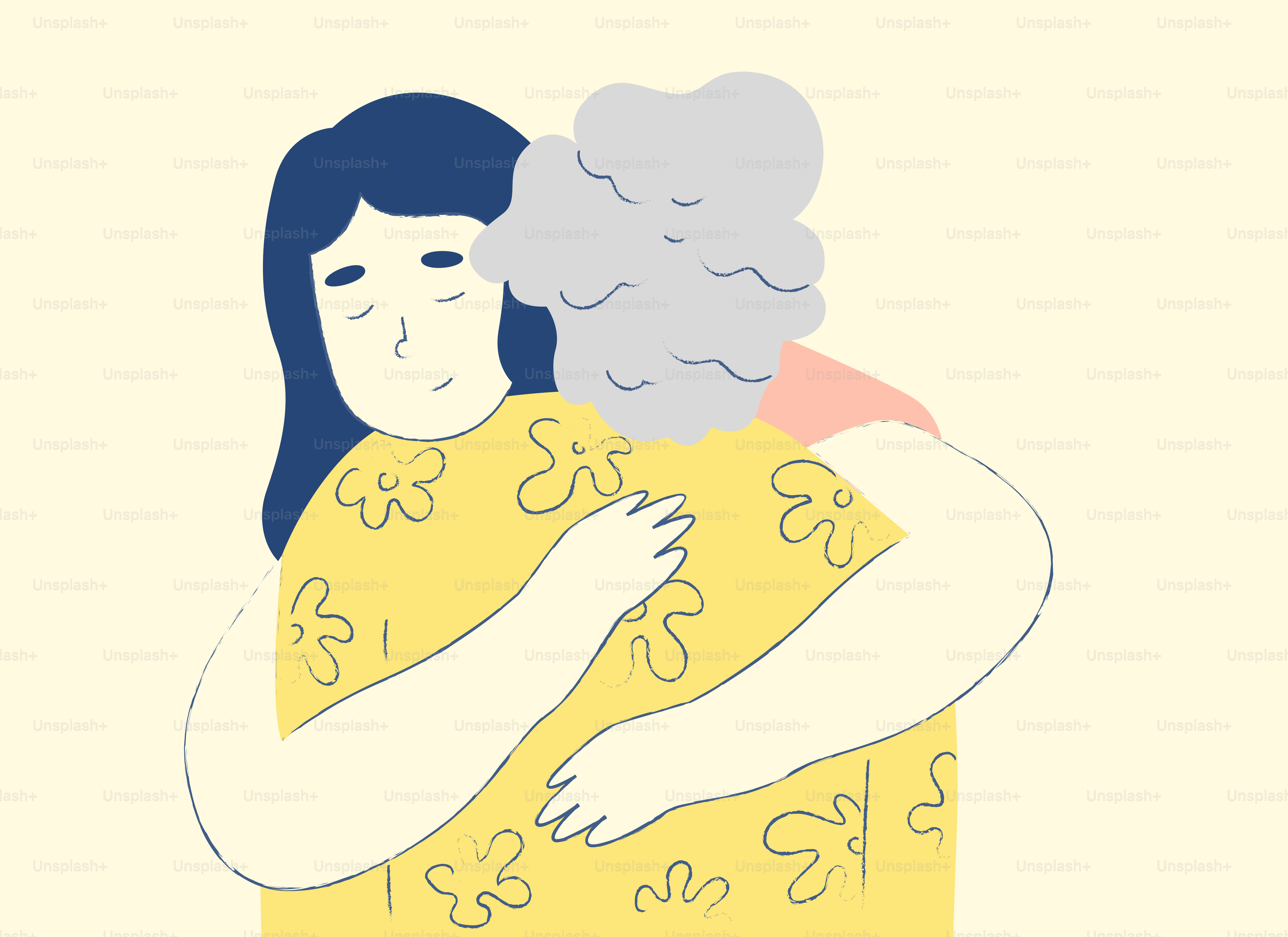 A young woman hugging an older person with grey hair.