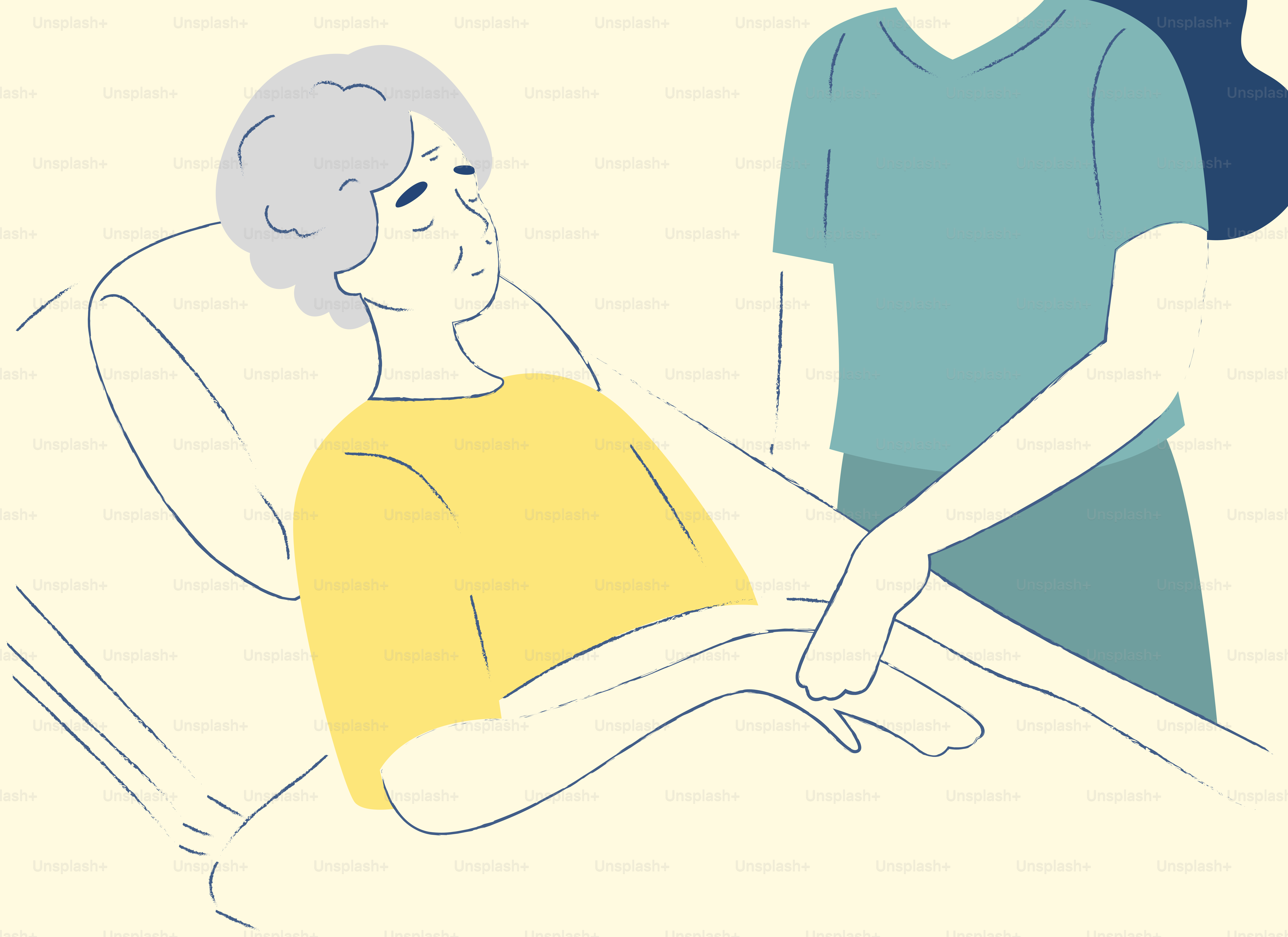 A caregiver holds an elderly patient's hand in bed.