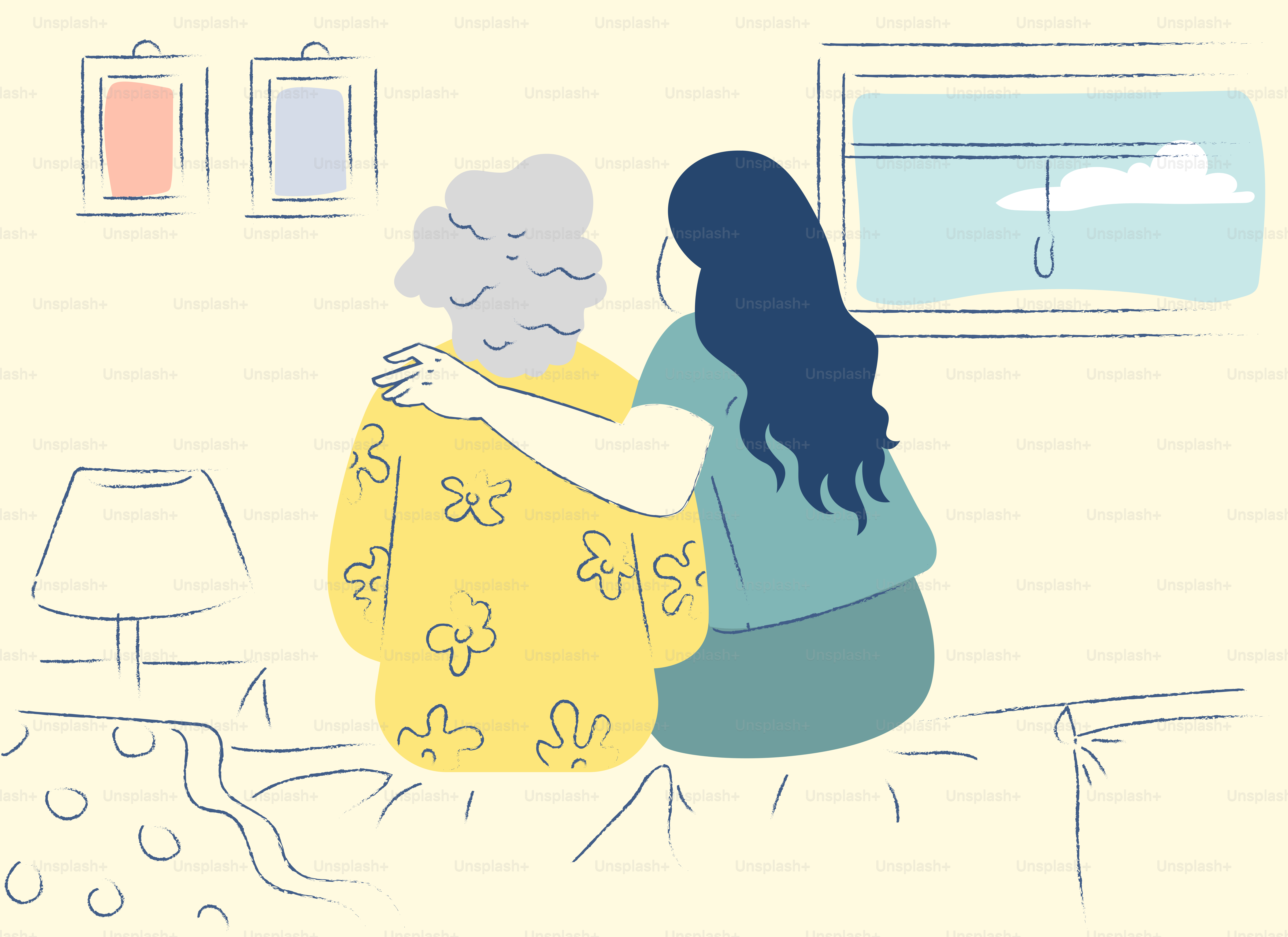 A younger person comforting an older person indoors.