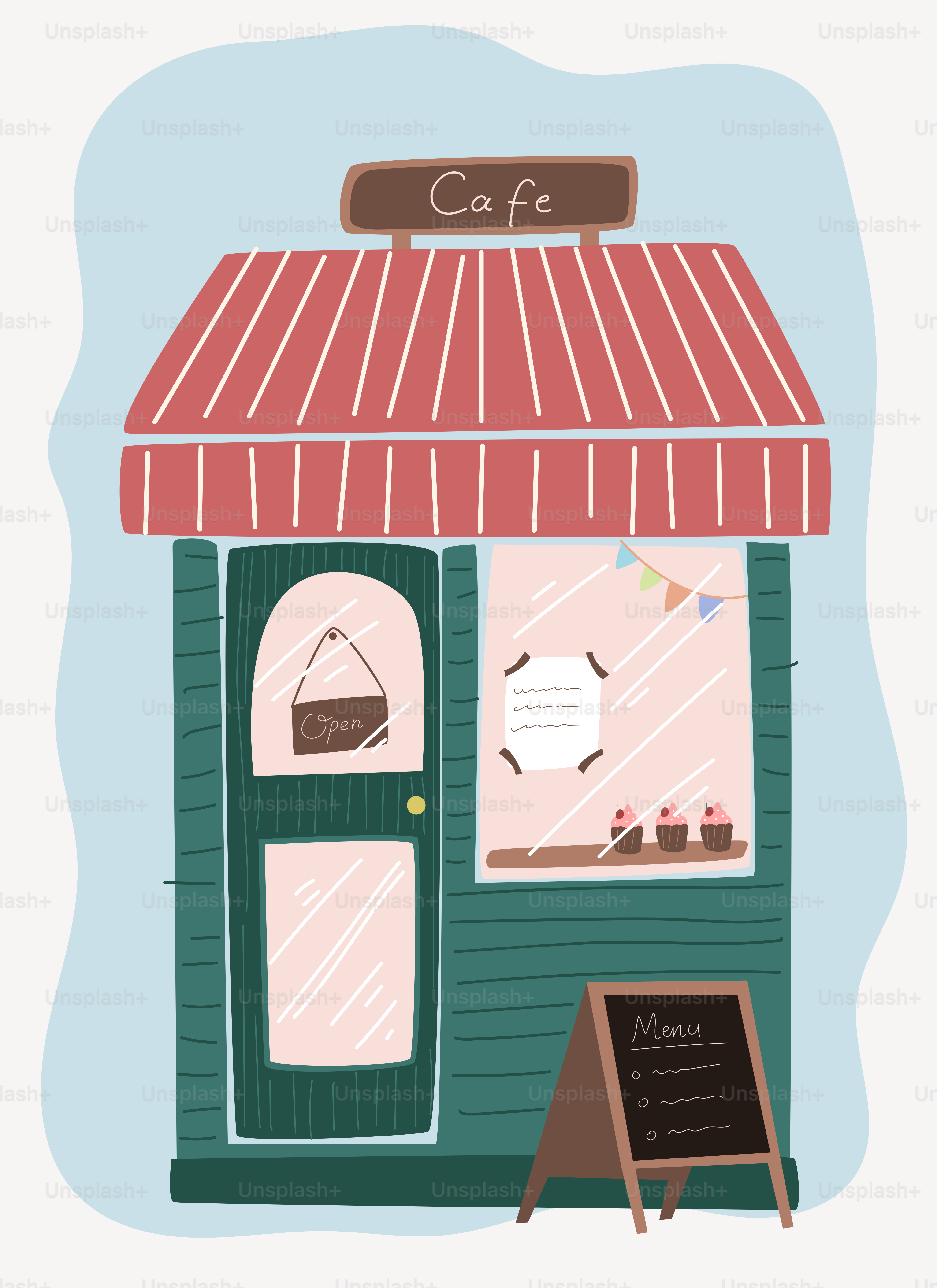 Cute cartoon cafe with red awning and outdoor menu.