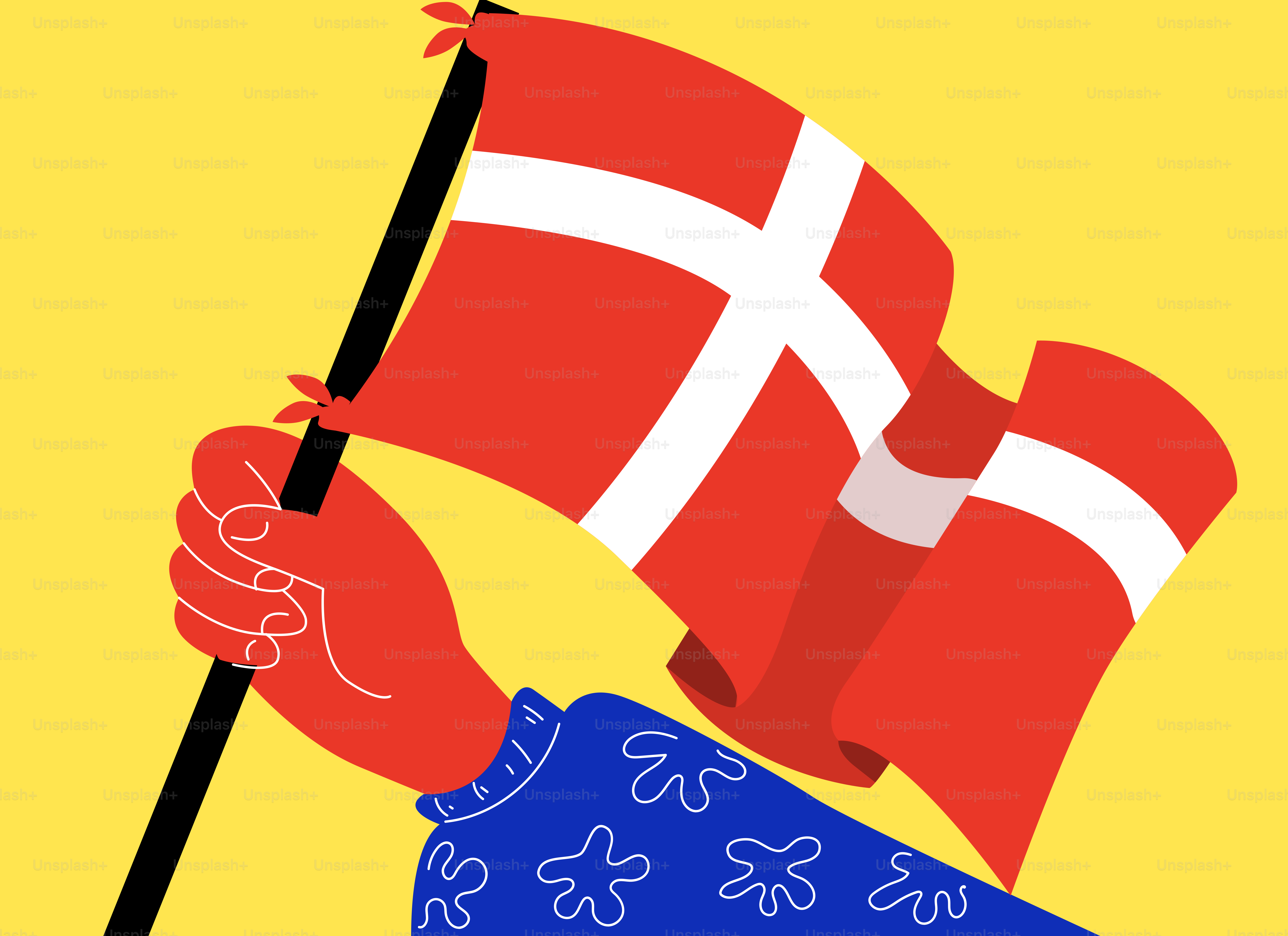 Eine Hand, die eine dänische Flagge vor gelbem Hintergrund hält.