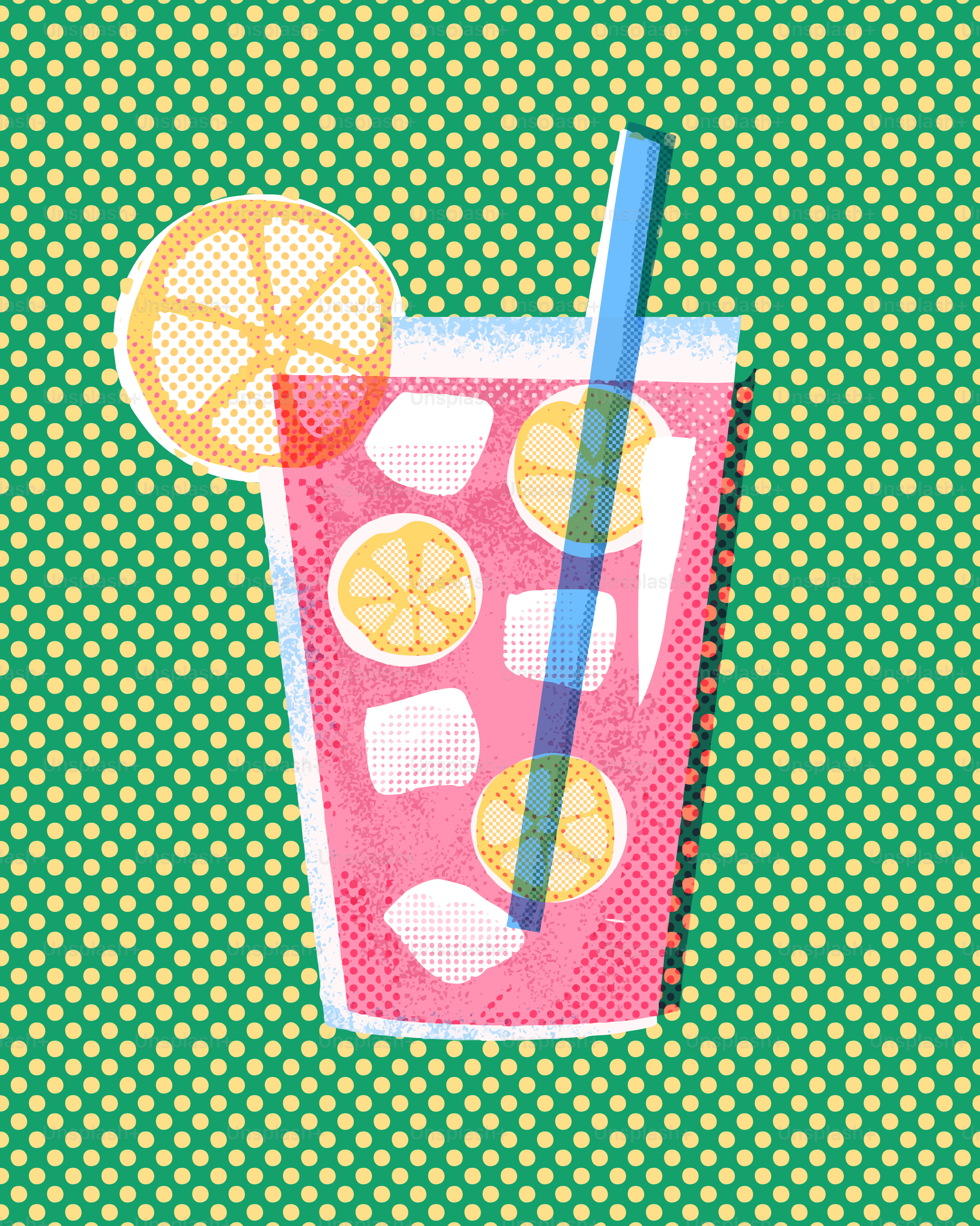 Glass of pink lemonade with lemon, ice, and straw.