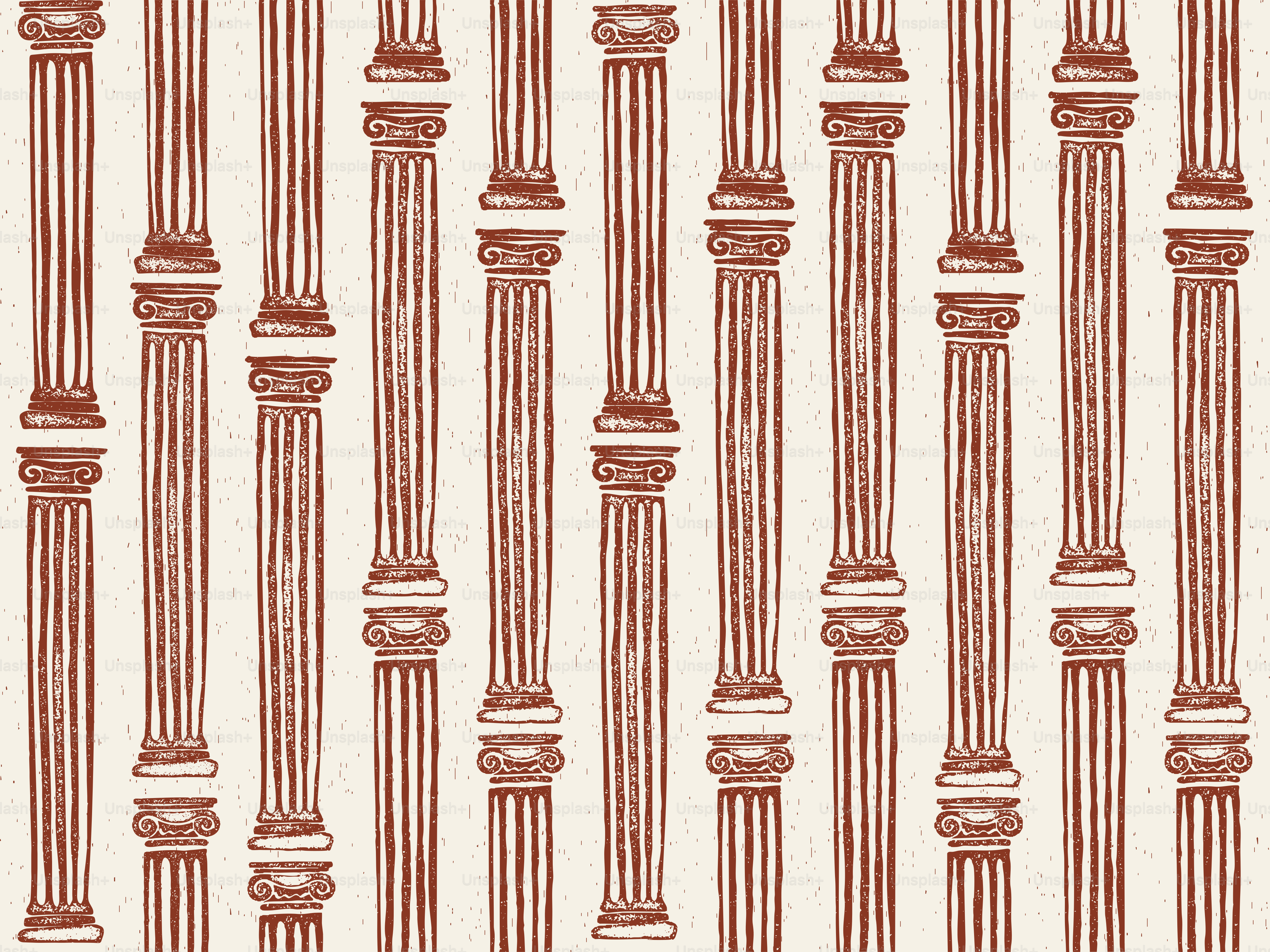 Ein Muster aus rötlich-braunen klassischen Säulen auf hellem Hintergrund.