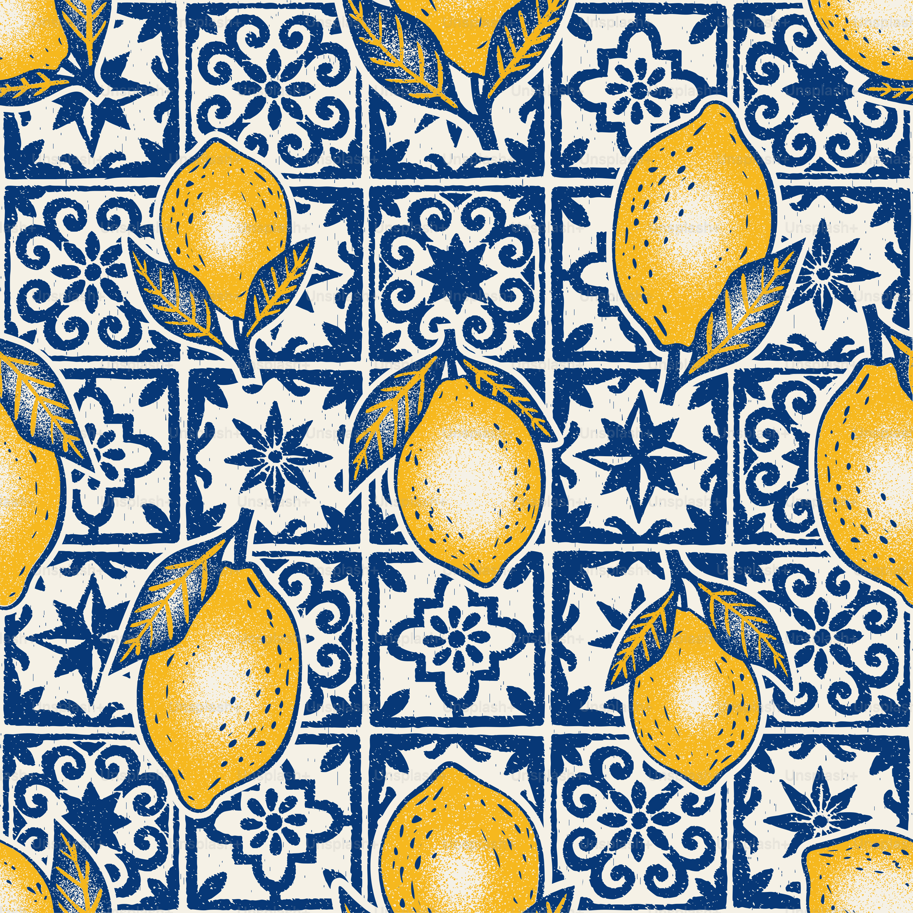 Patrón continuo de limones amarillos y azulejos azules y blancos.