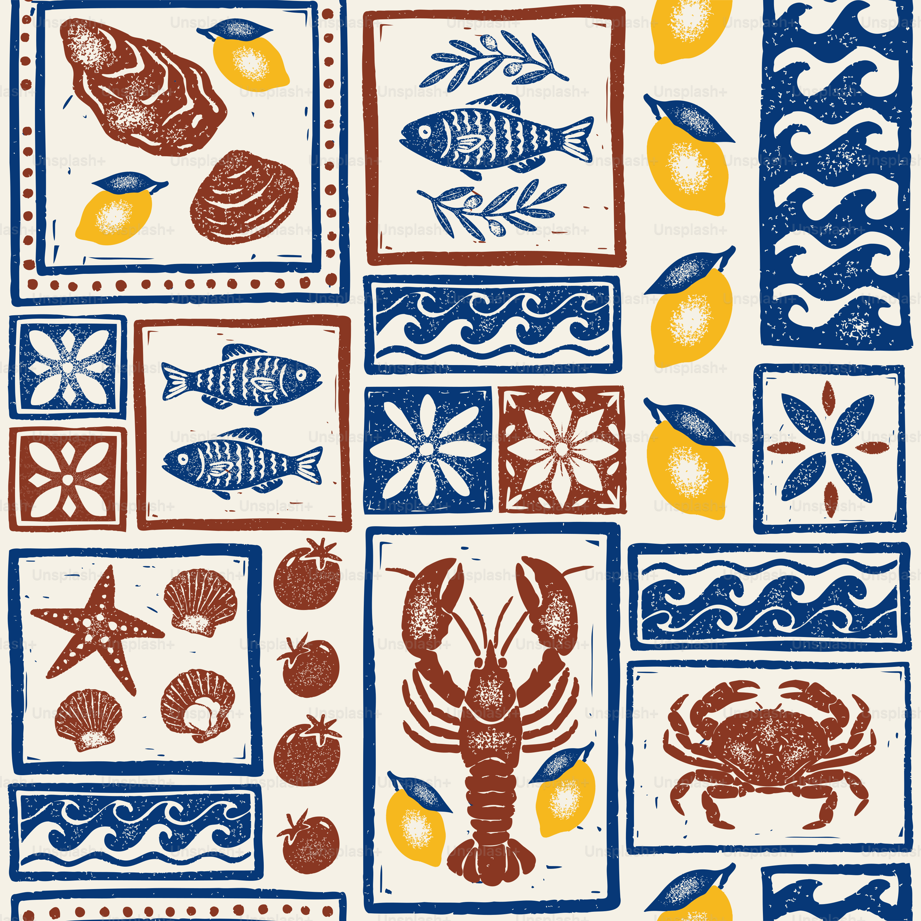Motifs rustiques de fruits de mer et citrons sur des carreaux décoratifs.