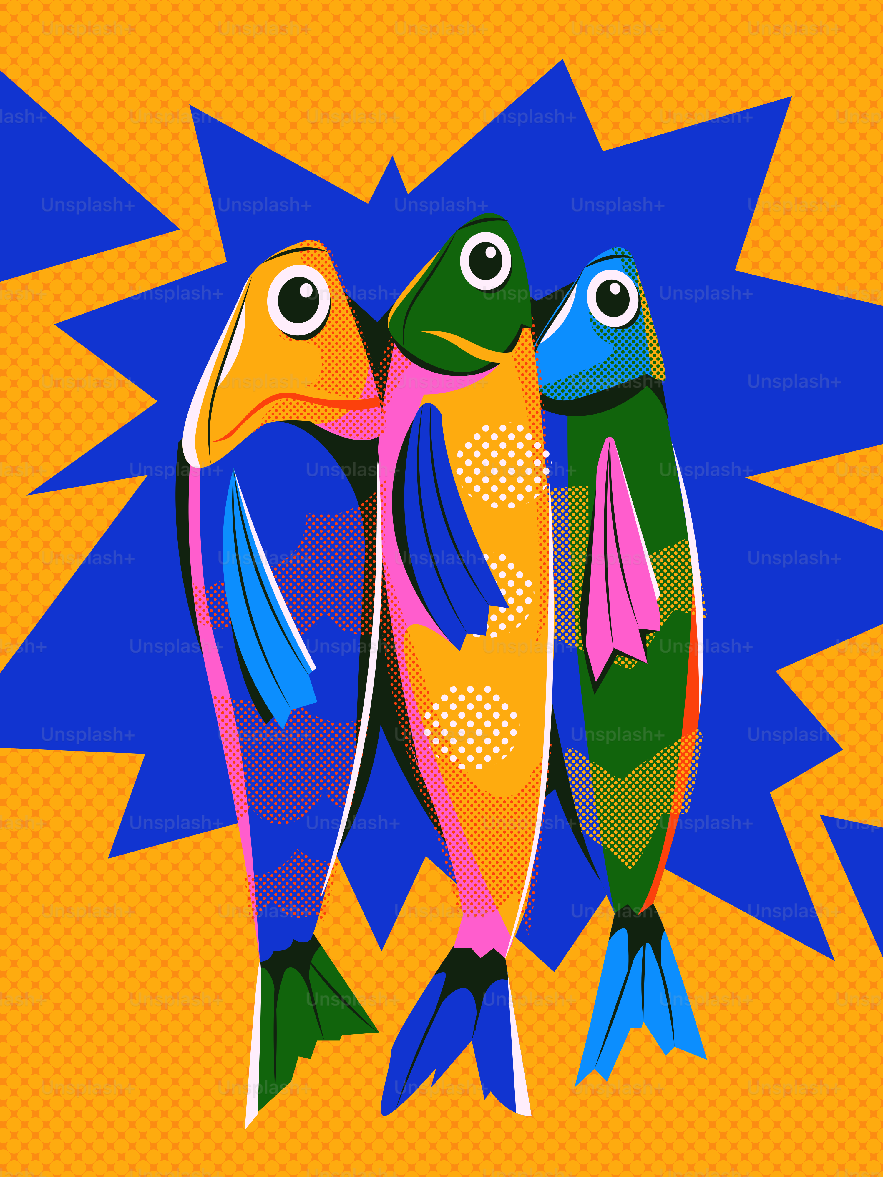 Drei bunte, stilisierte Fische auf orange-blauem Hintergrund.