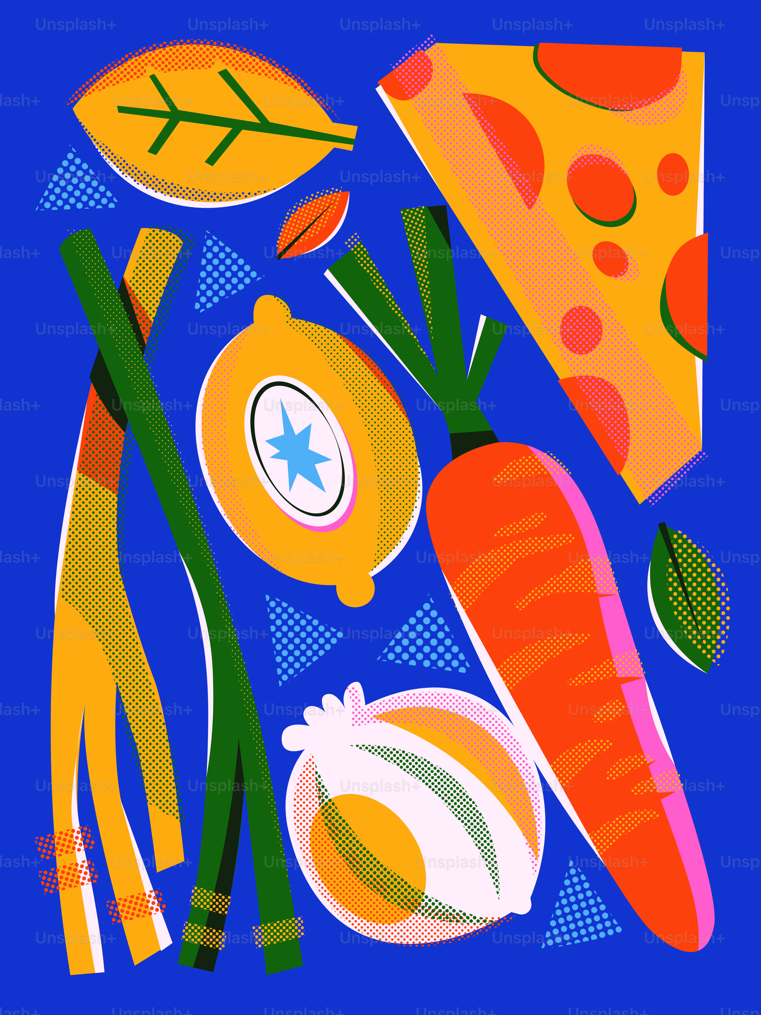Lebendige grafische Kunst mit Gemüse, Zitrone und Käse auf Blauschimmel.