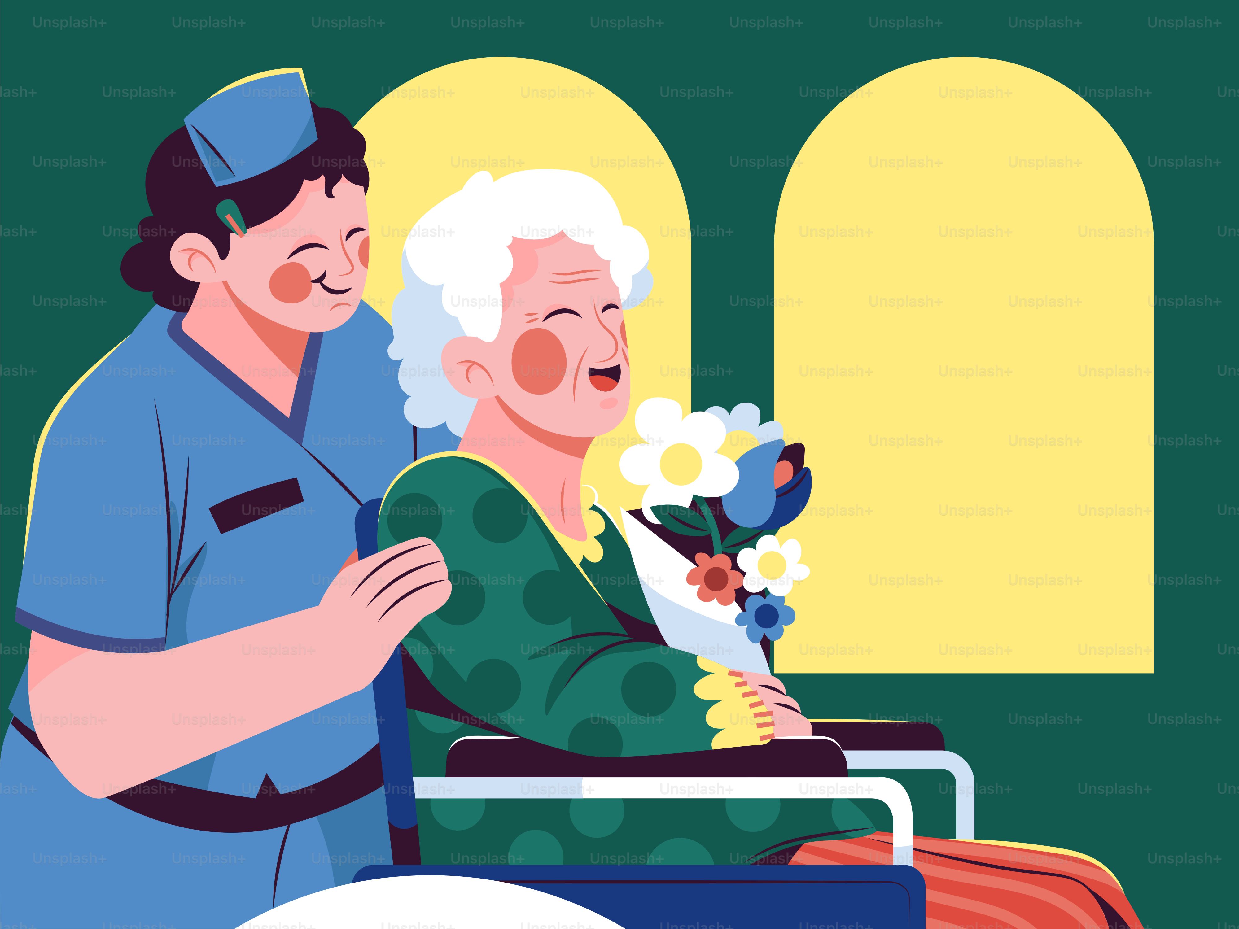 看護師が車椅子の高齢女性を花で手伝っている