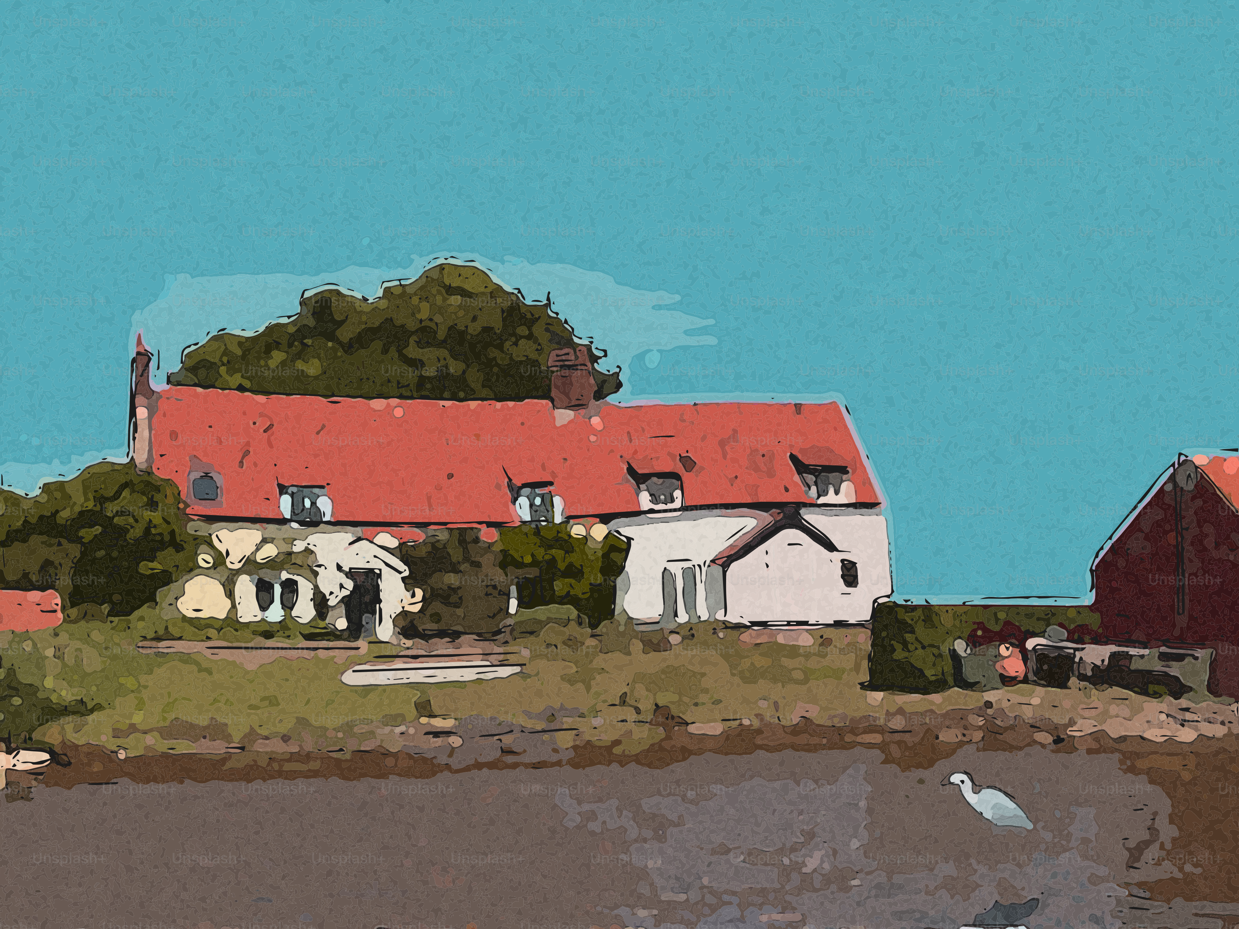 Charming house with red roof by water, a white bird.