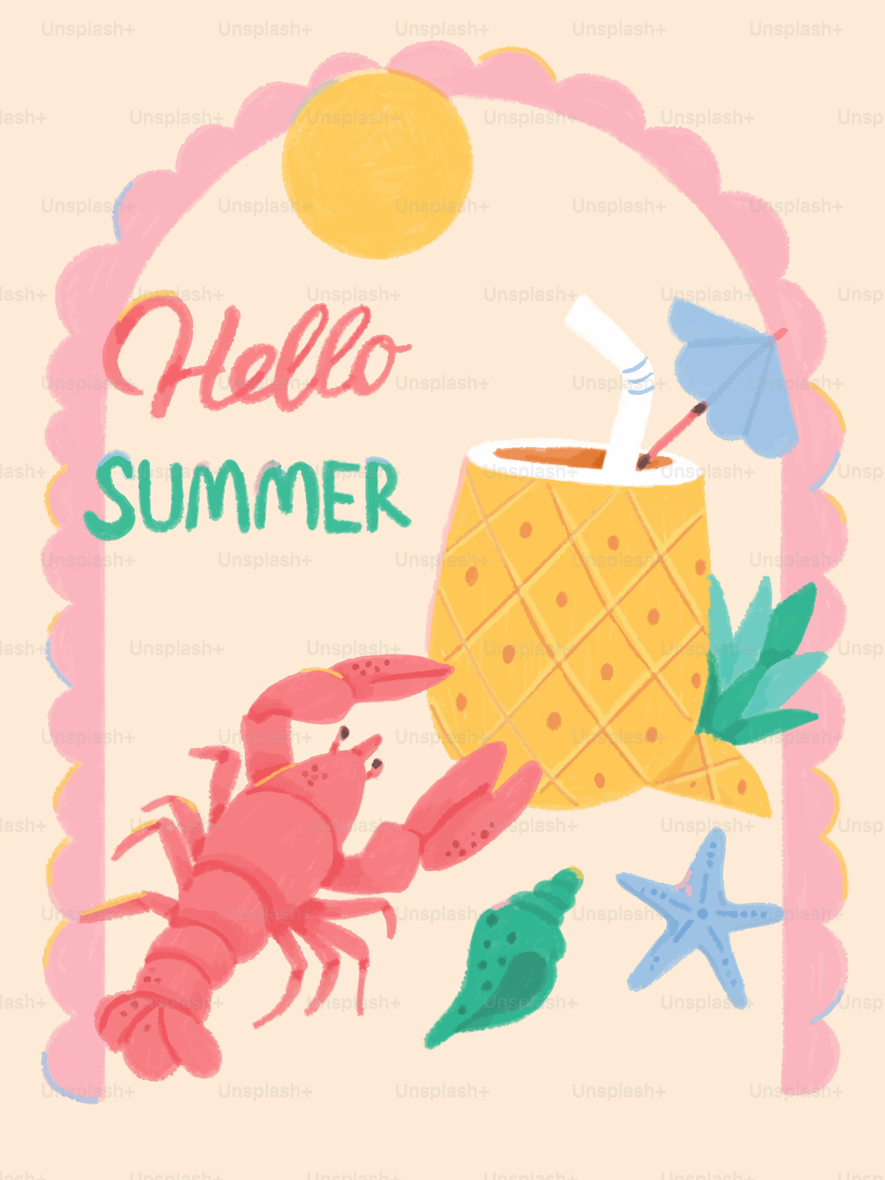 Halo teks musim panas dengan minuman nanas, lobster, bintang laut, dan kerang.