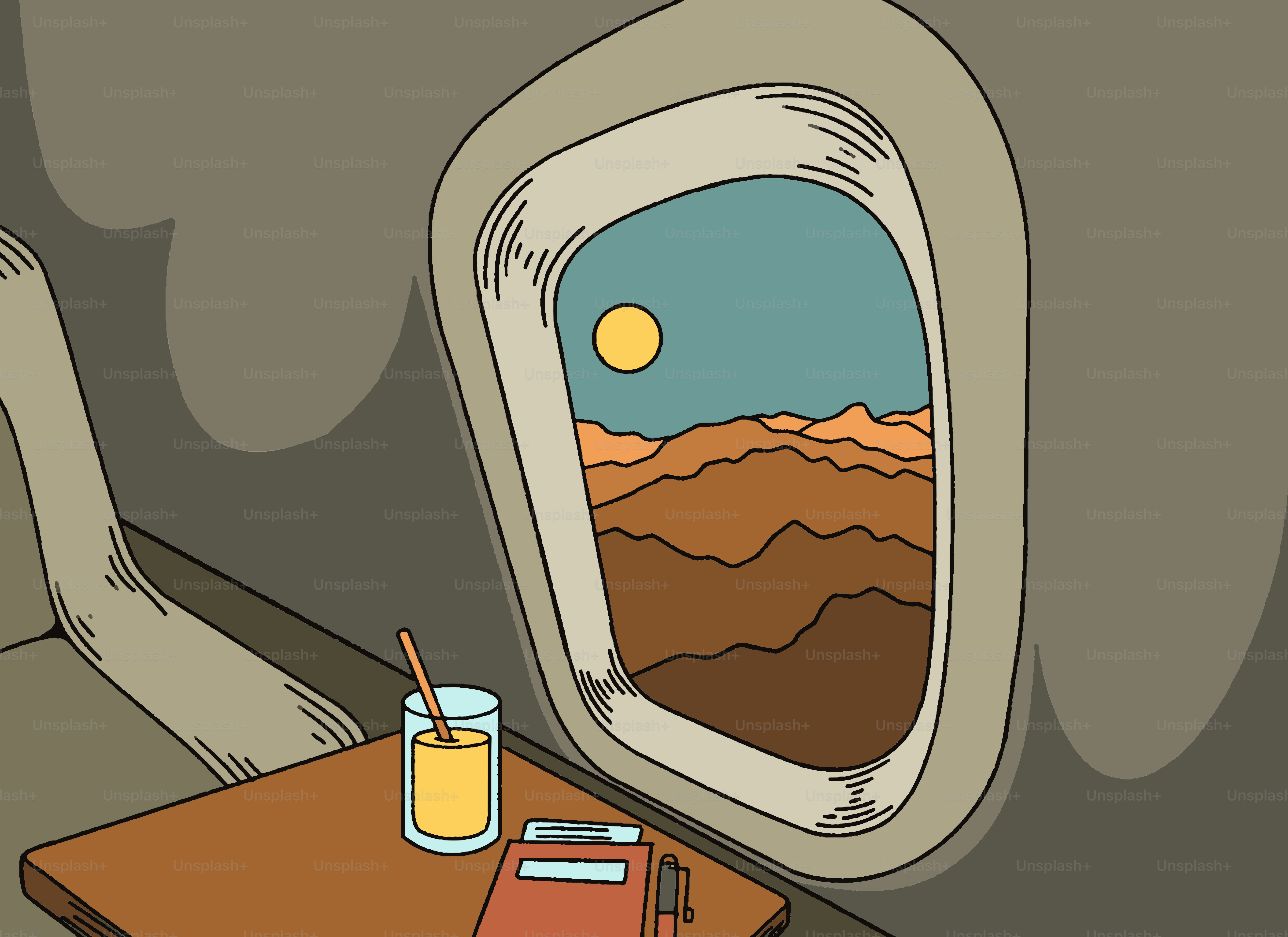 Desert landscape from airplane window with juice and notebook.