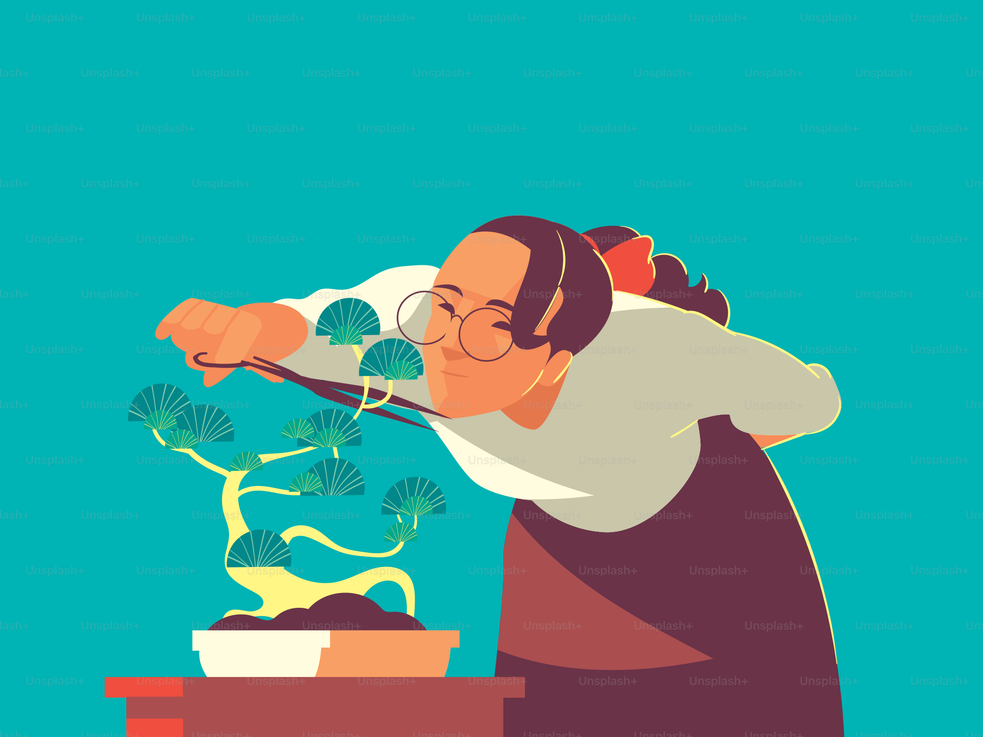 Uma mulher de óculos examina atentamente uma pequena árvore bonsai.
