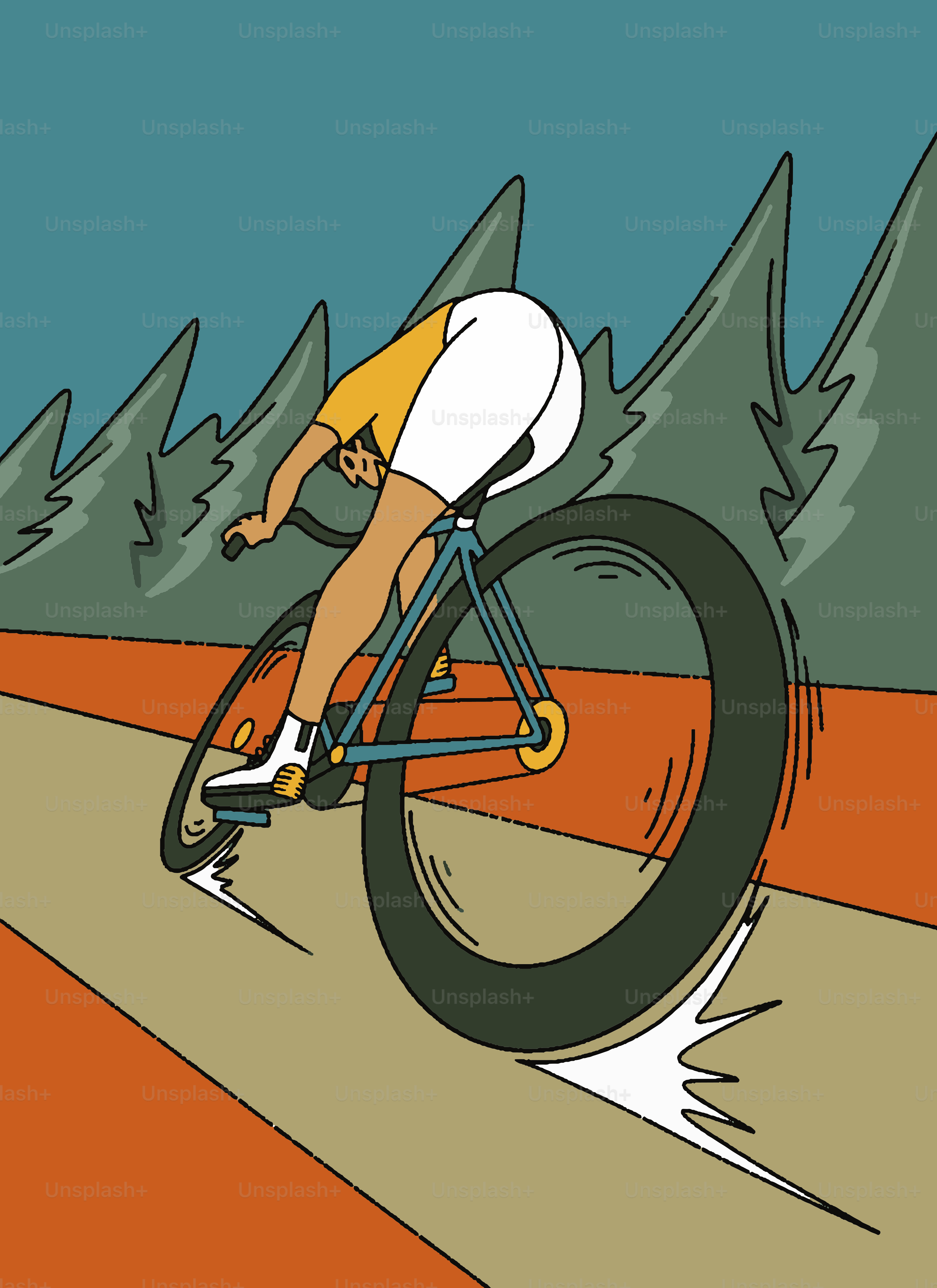 A cyclist leans sharply while riding a bike downhill.
