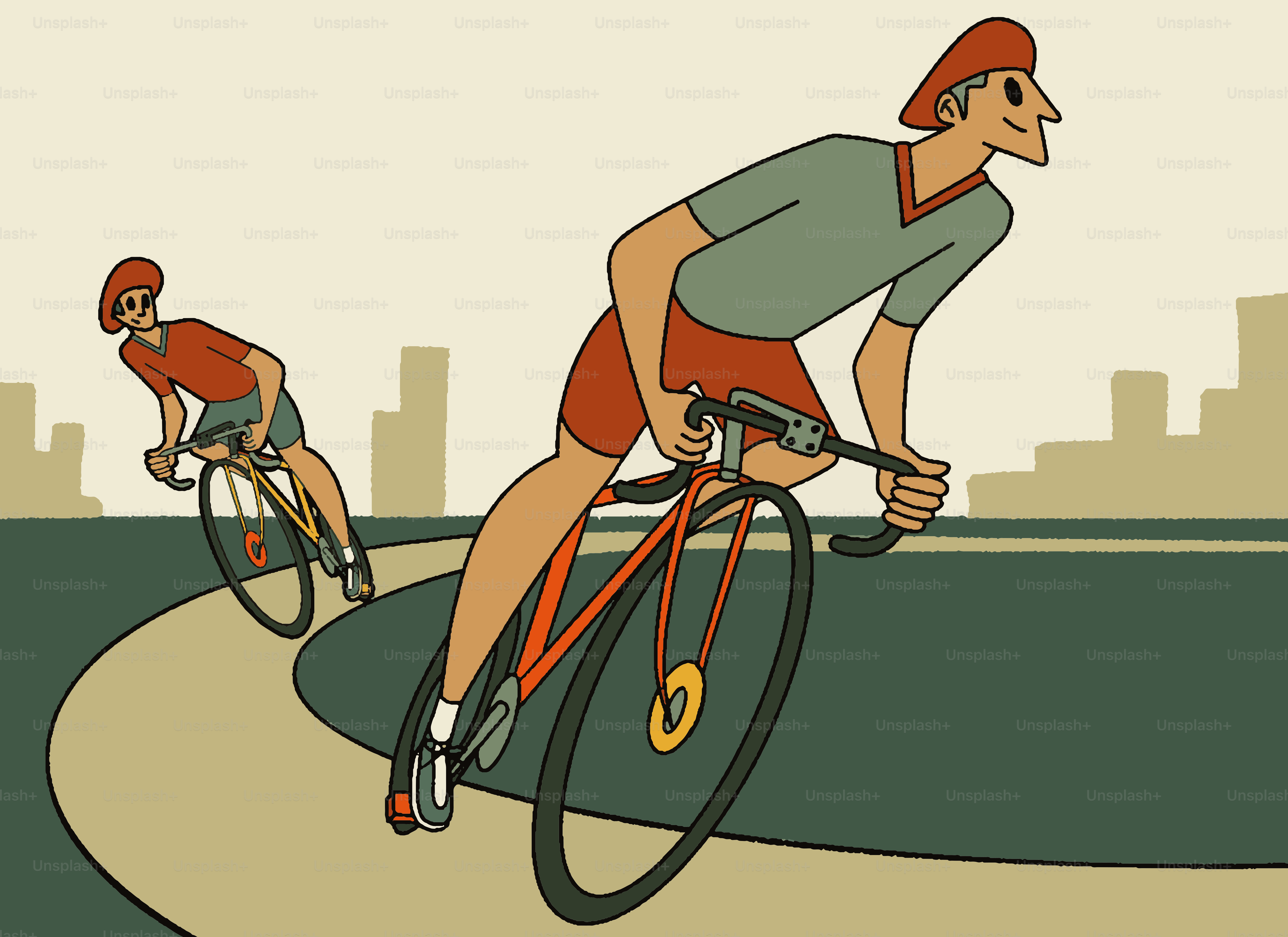 Two men cycling on bicycles with a city skyline.