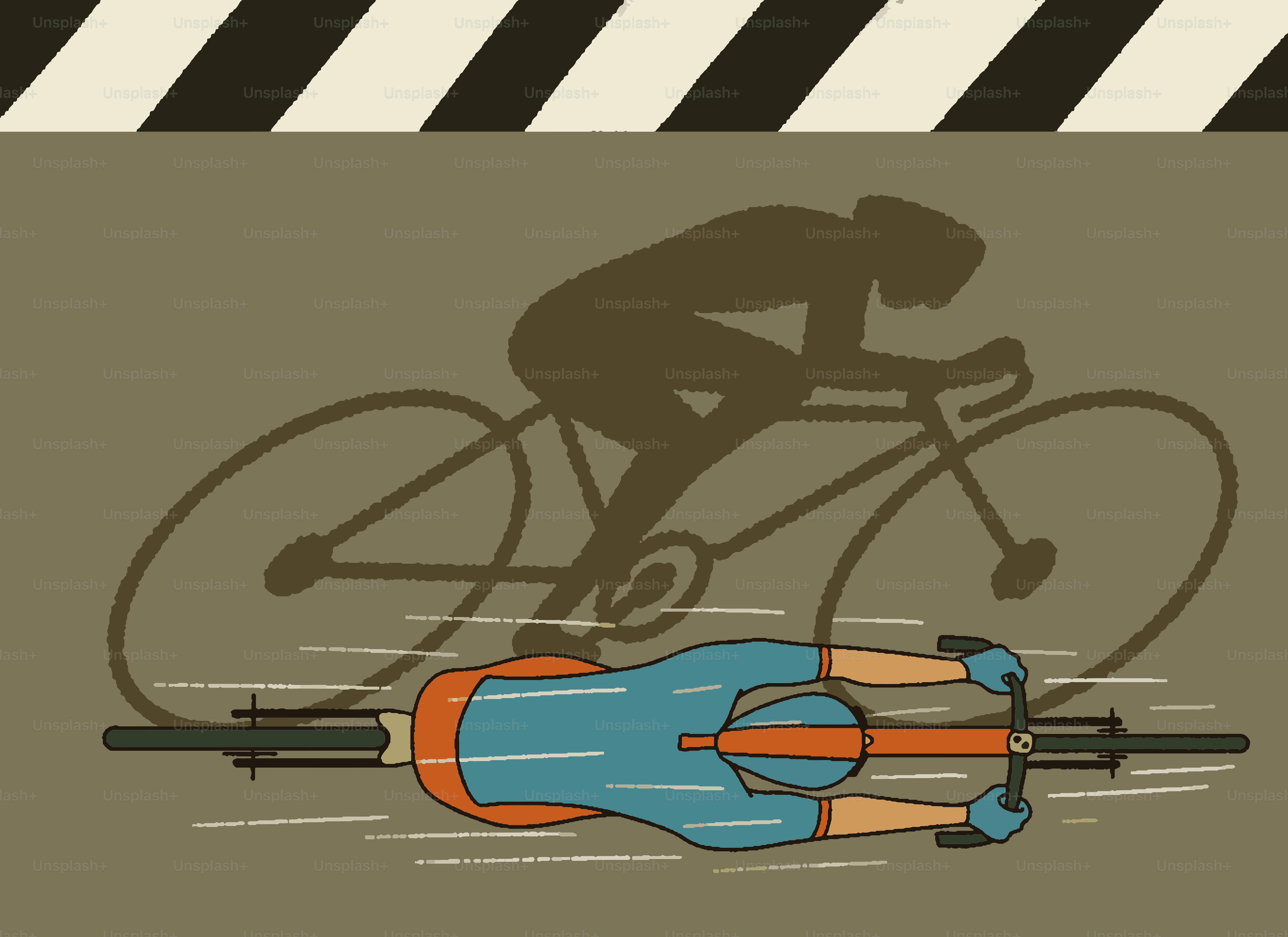 Cyclist on road with shadow and striped finish line.