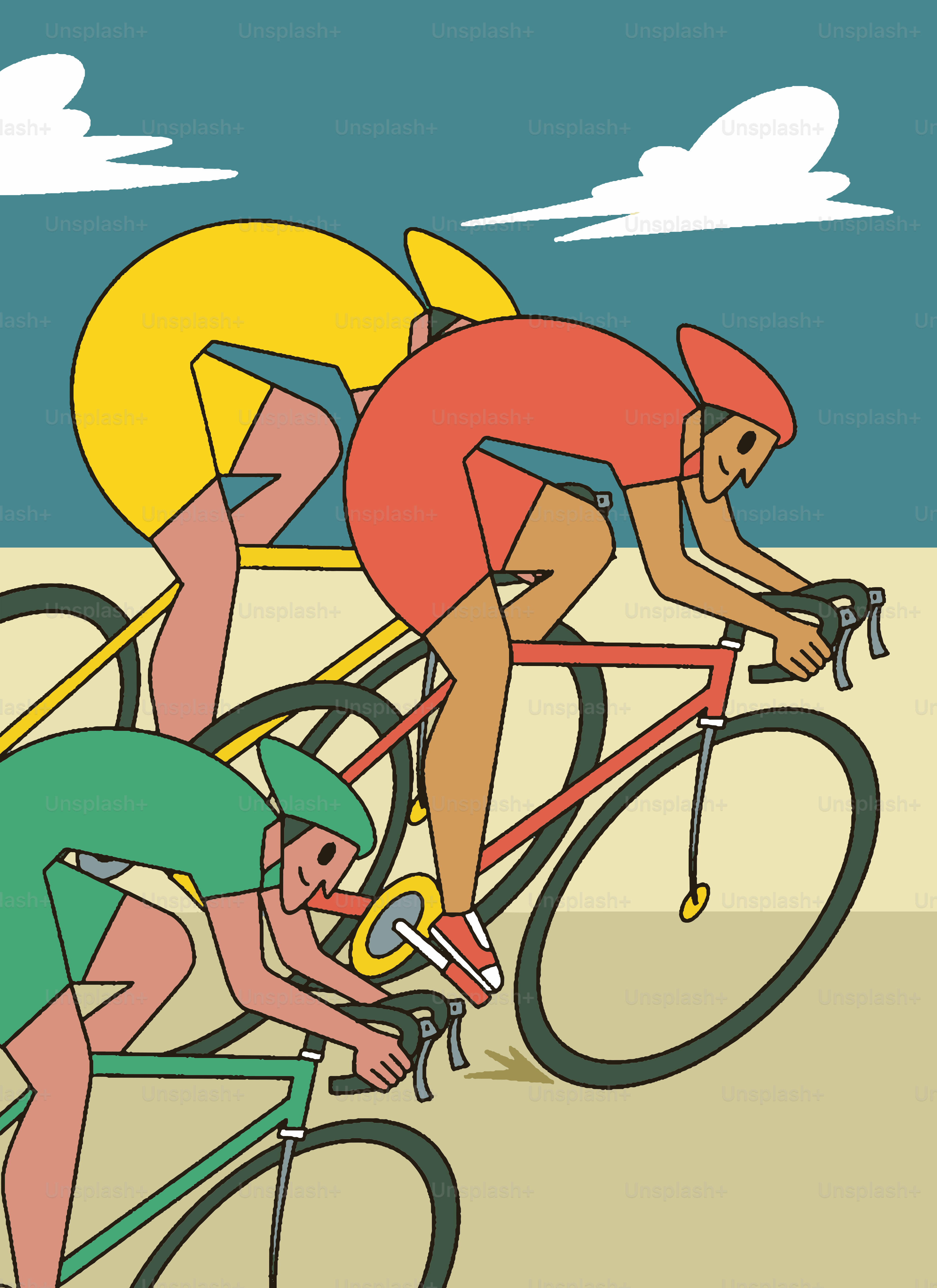 Three stylized cyclists race on bicycles under a cloudy sky.