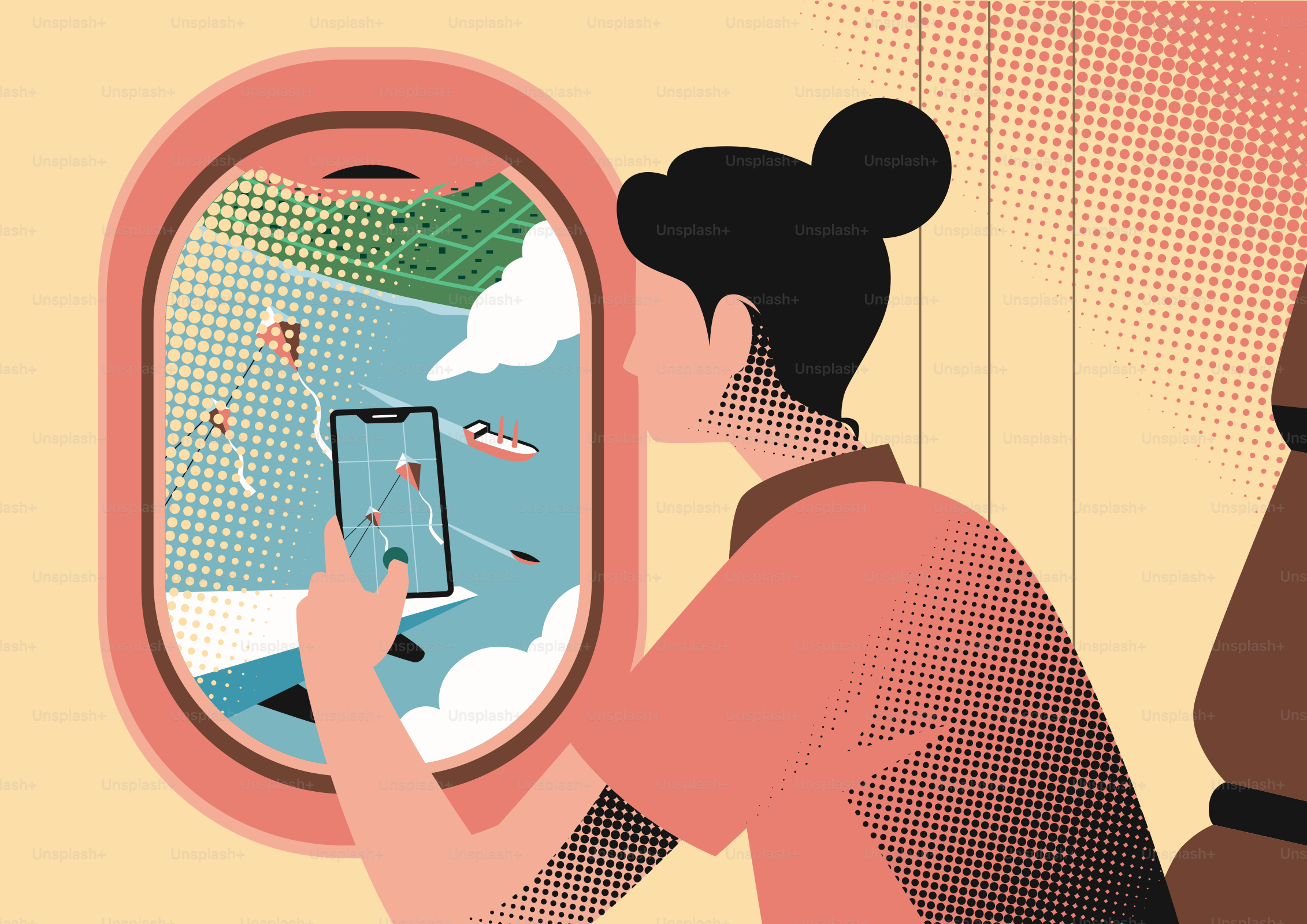 Woman filming swimmers and boats from an airplane window.