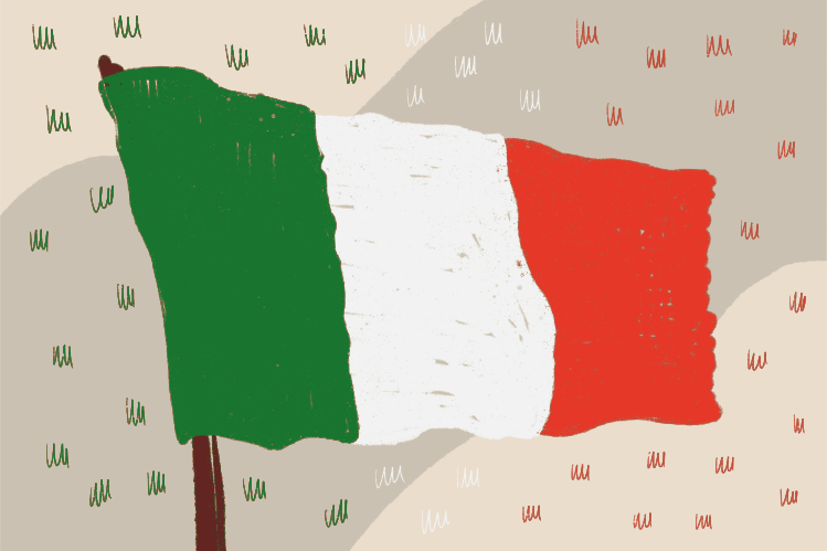 質感のある背景にイタリアの国旗が揺れている。