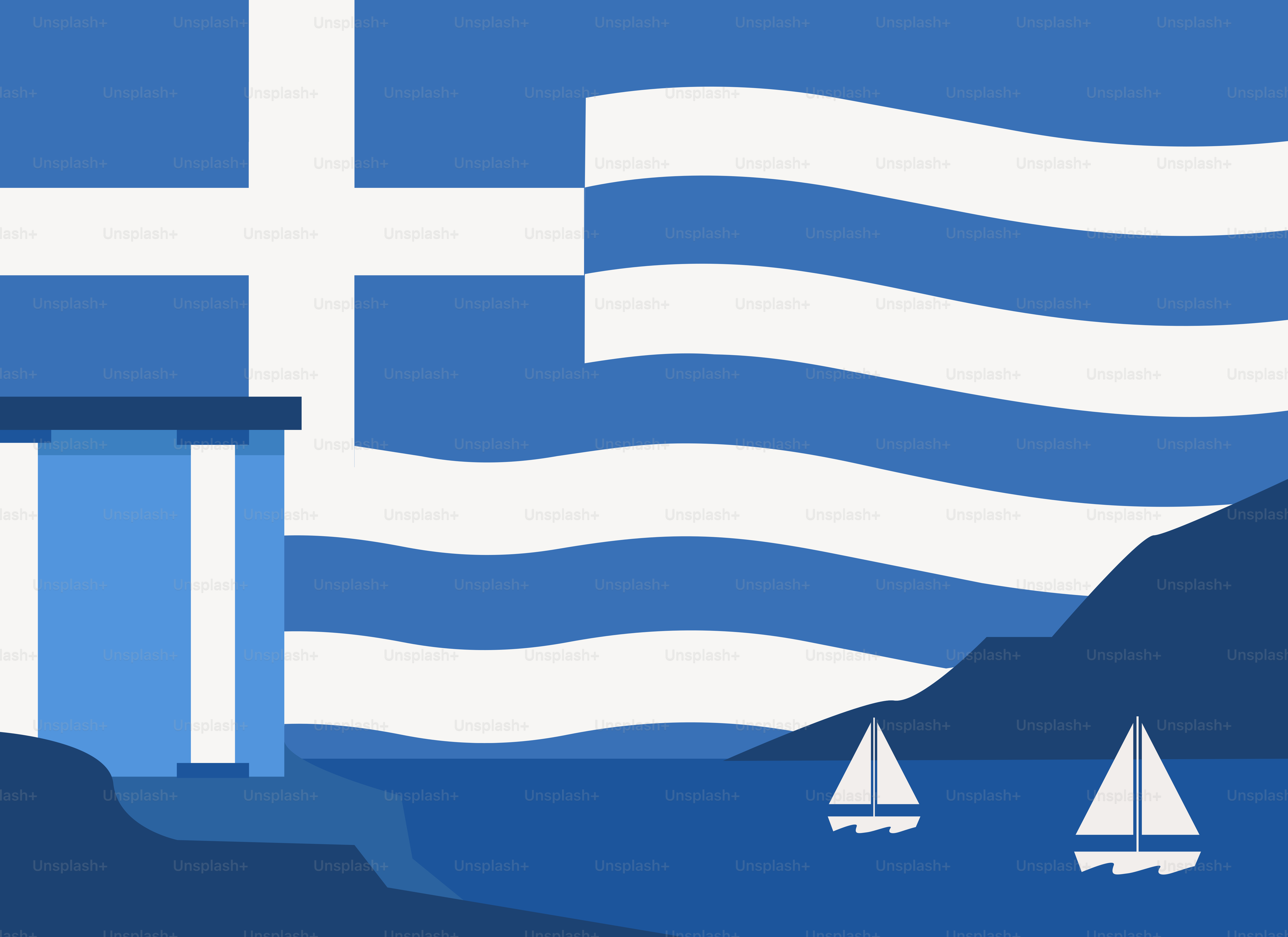 Stylized greek flag, building, sailboats, and hills in blue hues.