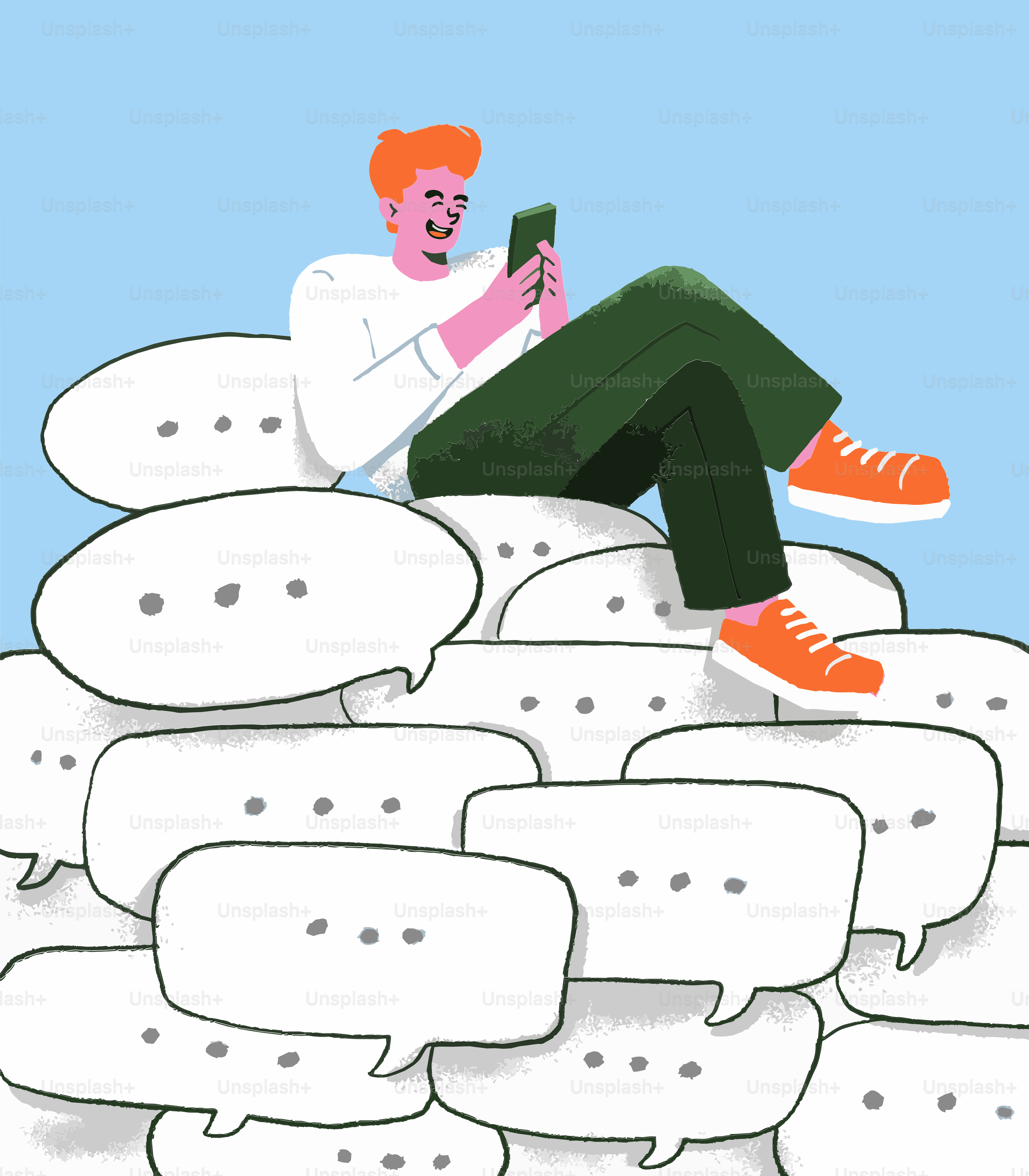 An illustration of a person interacting with a phone surrounded by speech bubbles, representing conversational interaction replacing menus