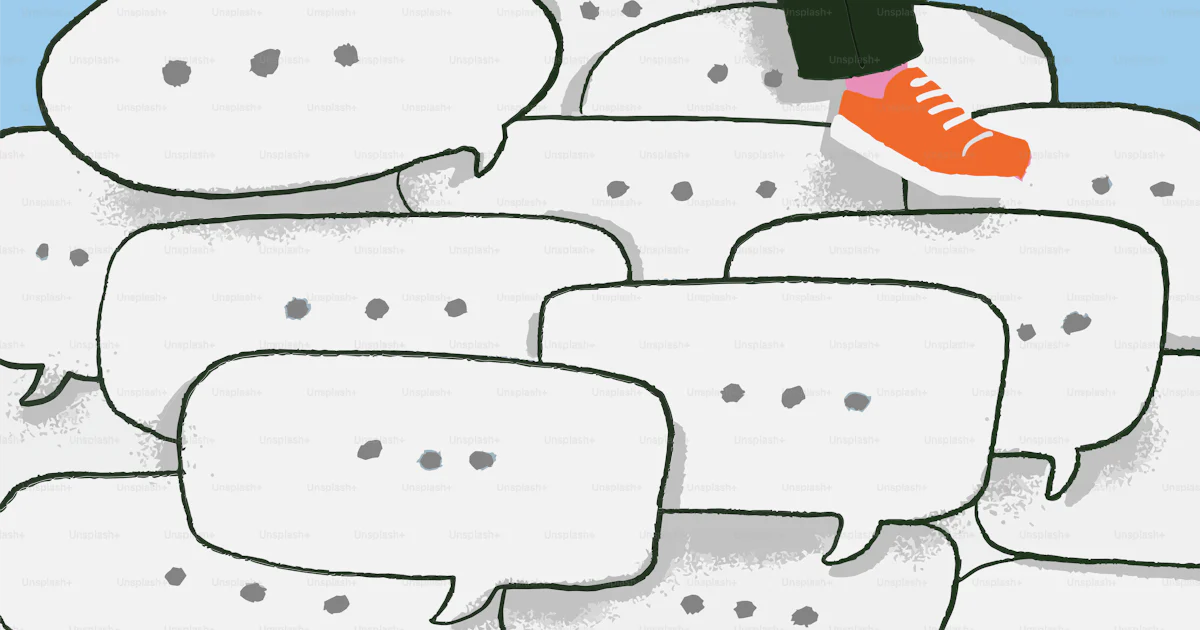 An illustration of a person interacting with a phone surrounded by speech bubbles, representing conversational interaction replacing menus