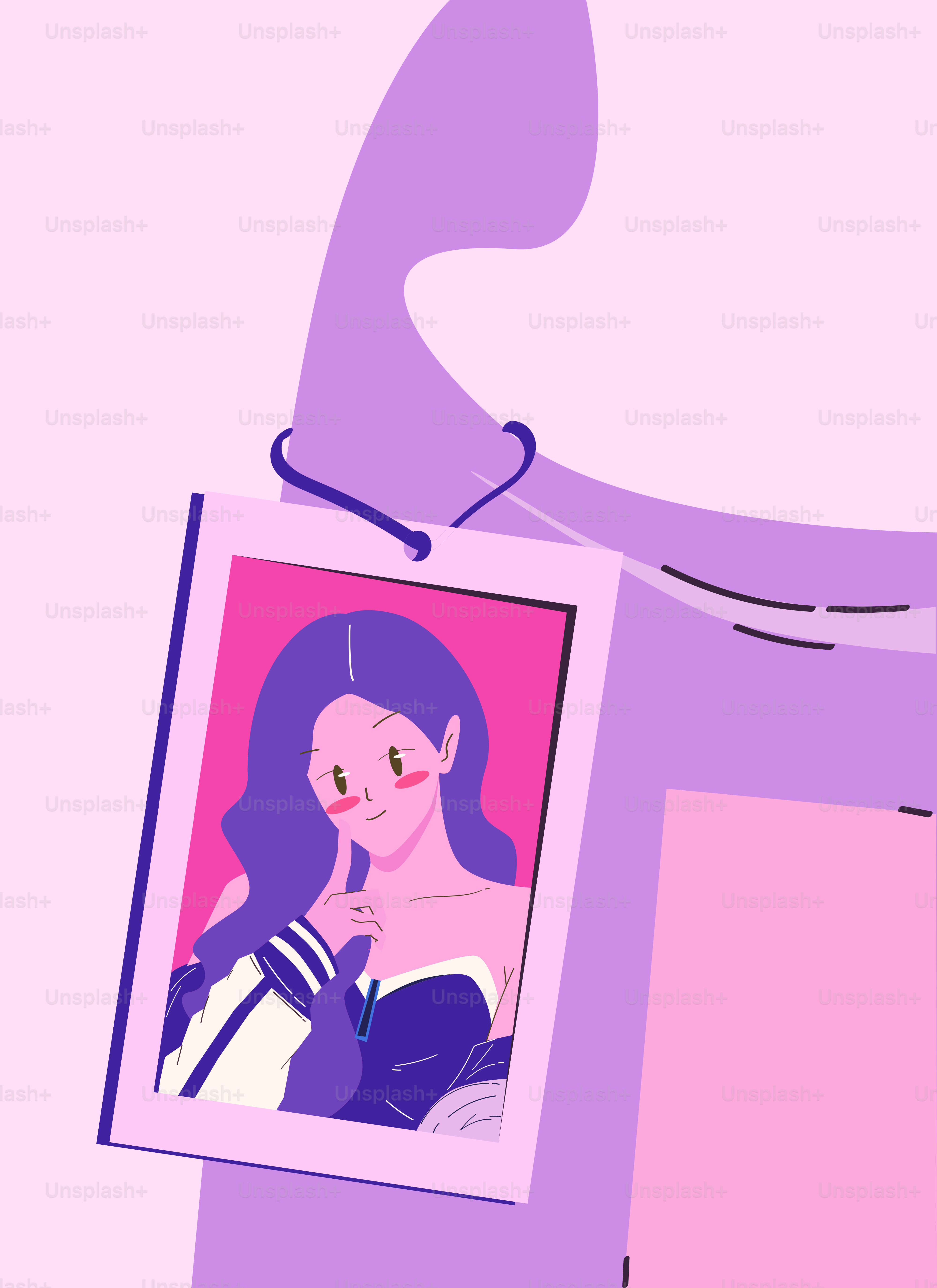 タグに描かれた漫画の女性が紫色の布にぶら下がっている。
