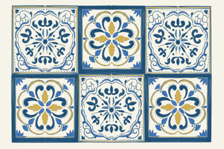 Decorative blue and yellow floral tiles arranged in a grid.