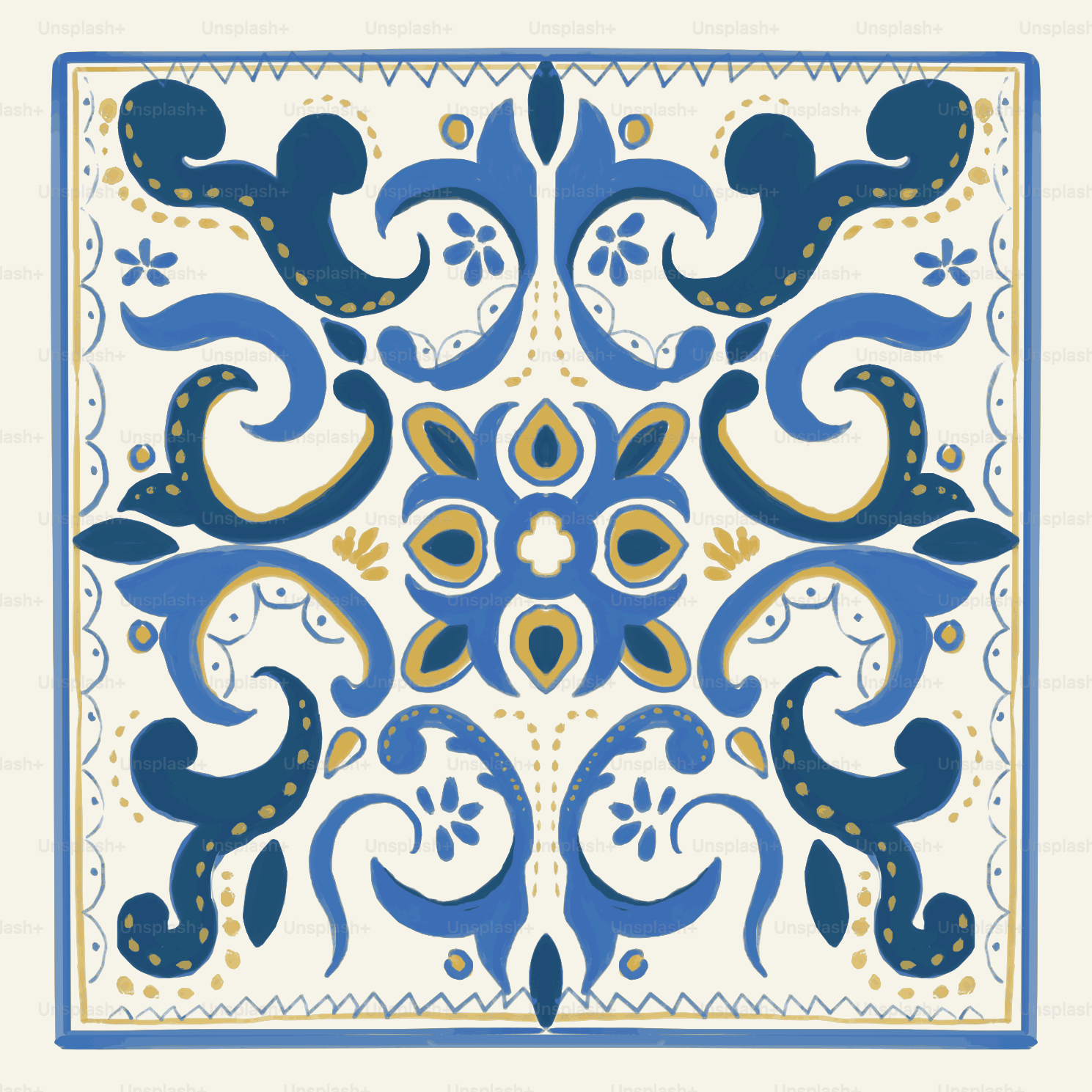 Symmetrical blue and gold ornate floral tile design.