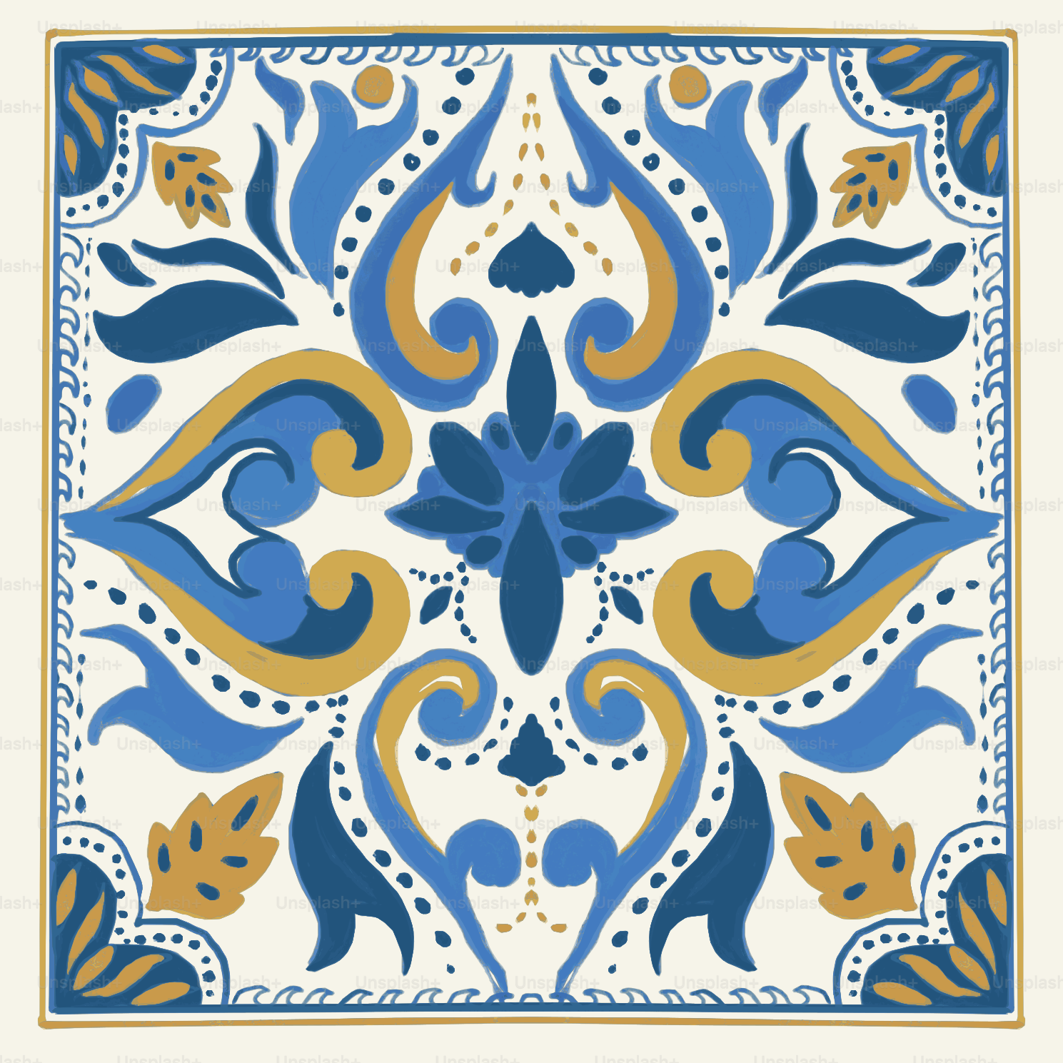 Ornate blue and gold symmetrical pattern on a white background.