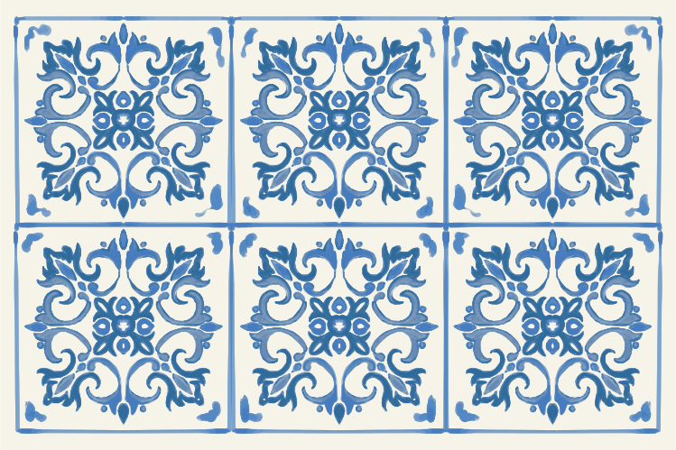 Six blue and white ornate decorative tiles.