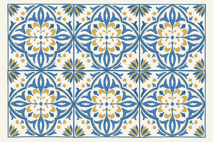 A seamless pattern of blue and gold intricate tiles.