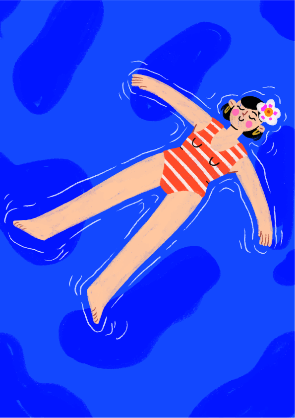 Wanita kartun dengan pakaian renang bergaris bersantai di air biru.