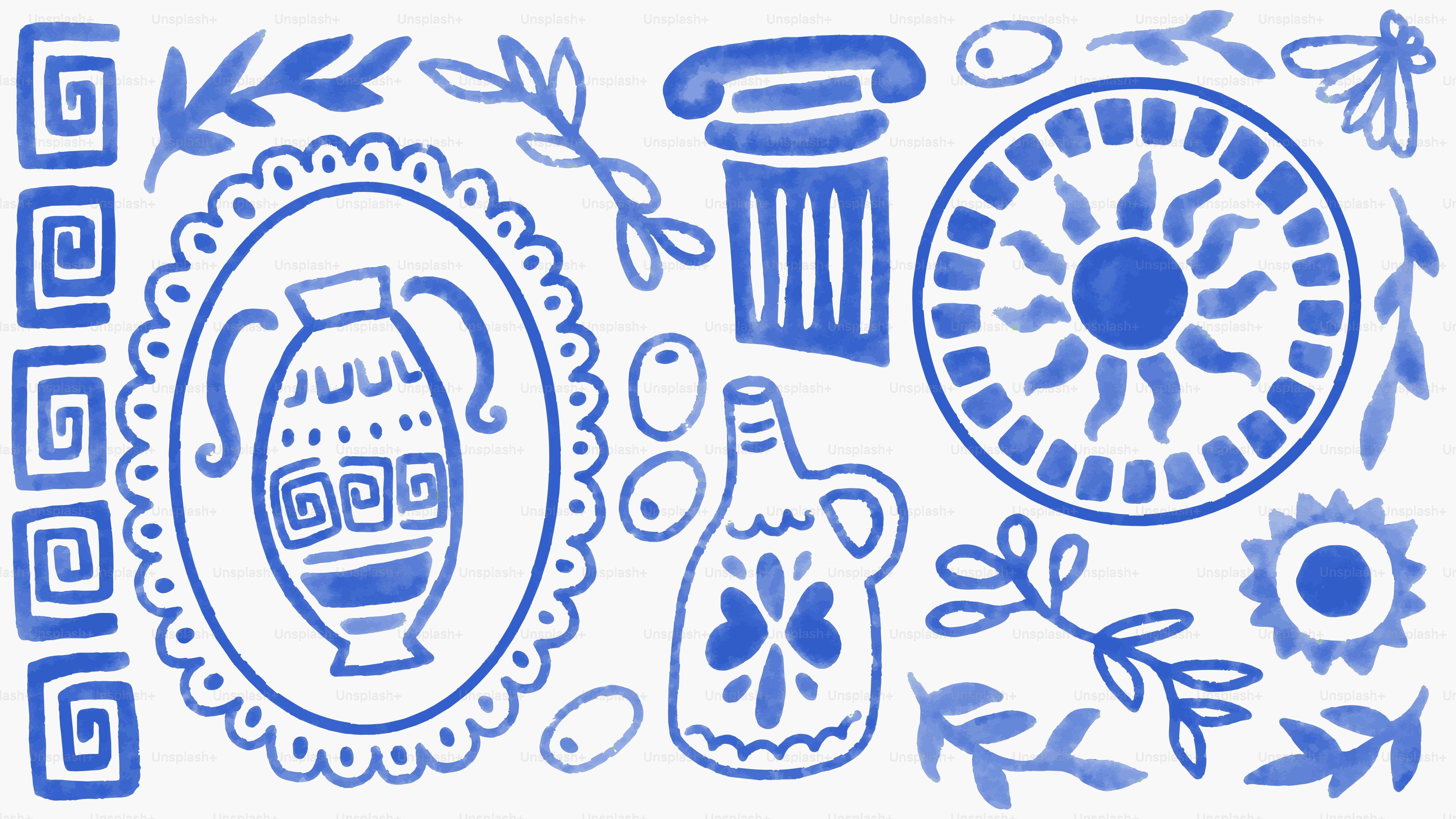 Dekorative blaue griechische Keramik, Sonne und botanische Motive.