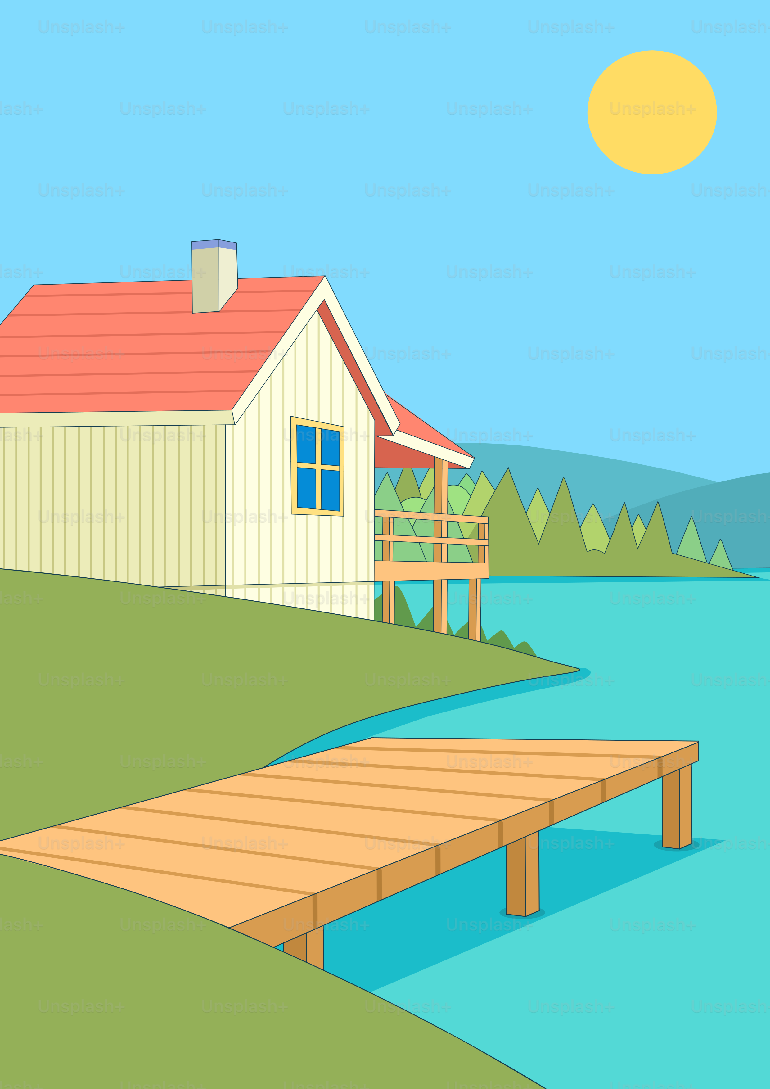 Una casa encantadora y un muelle de madera junto a un lago sereno.