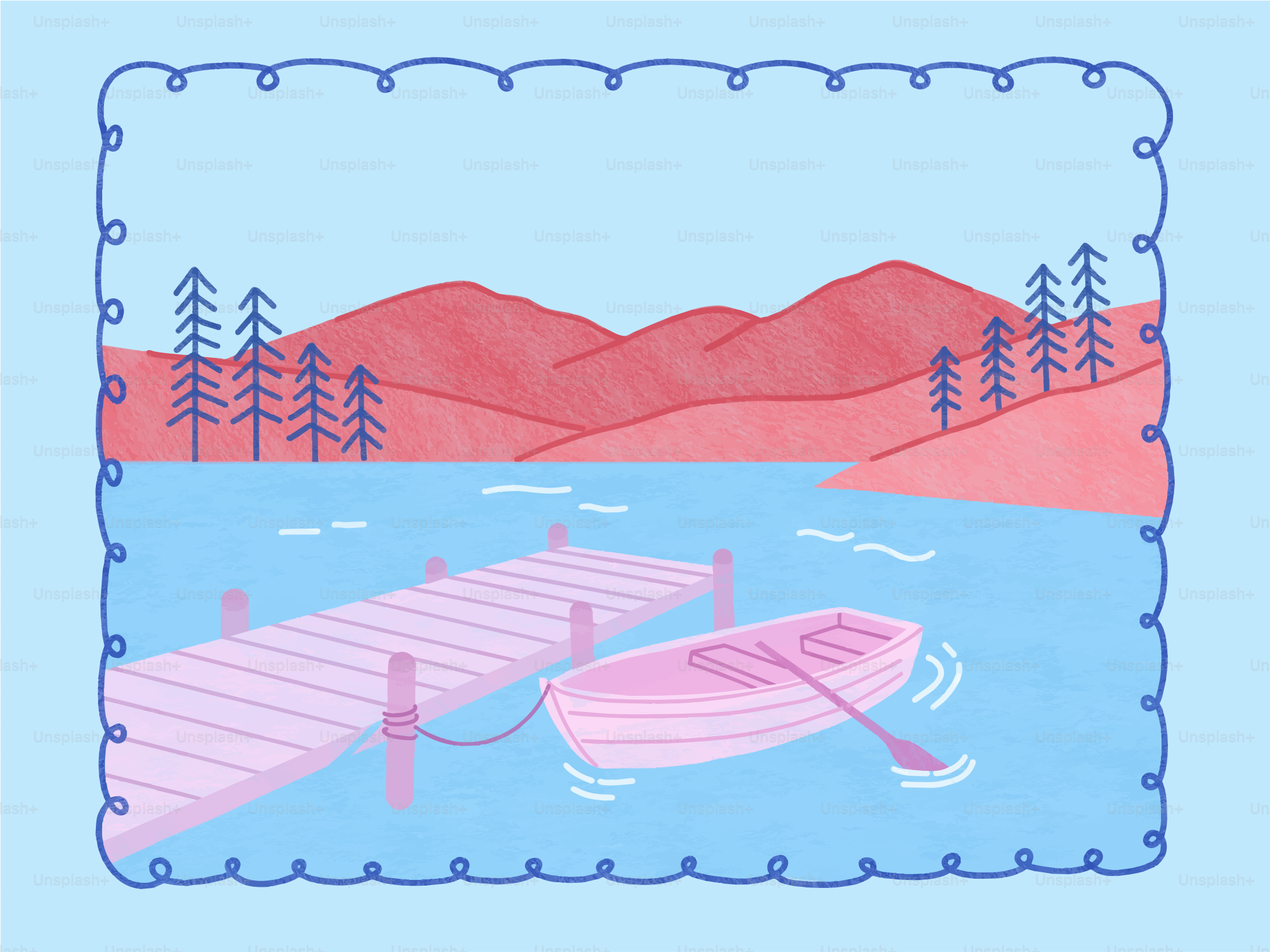 Serene lake scene with a pink boat, dock, and mountains.