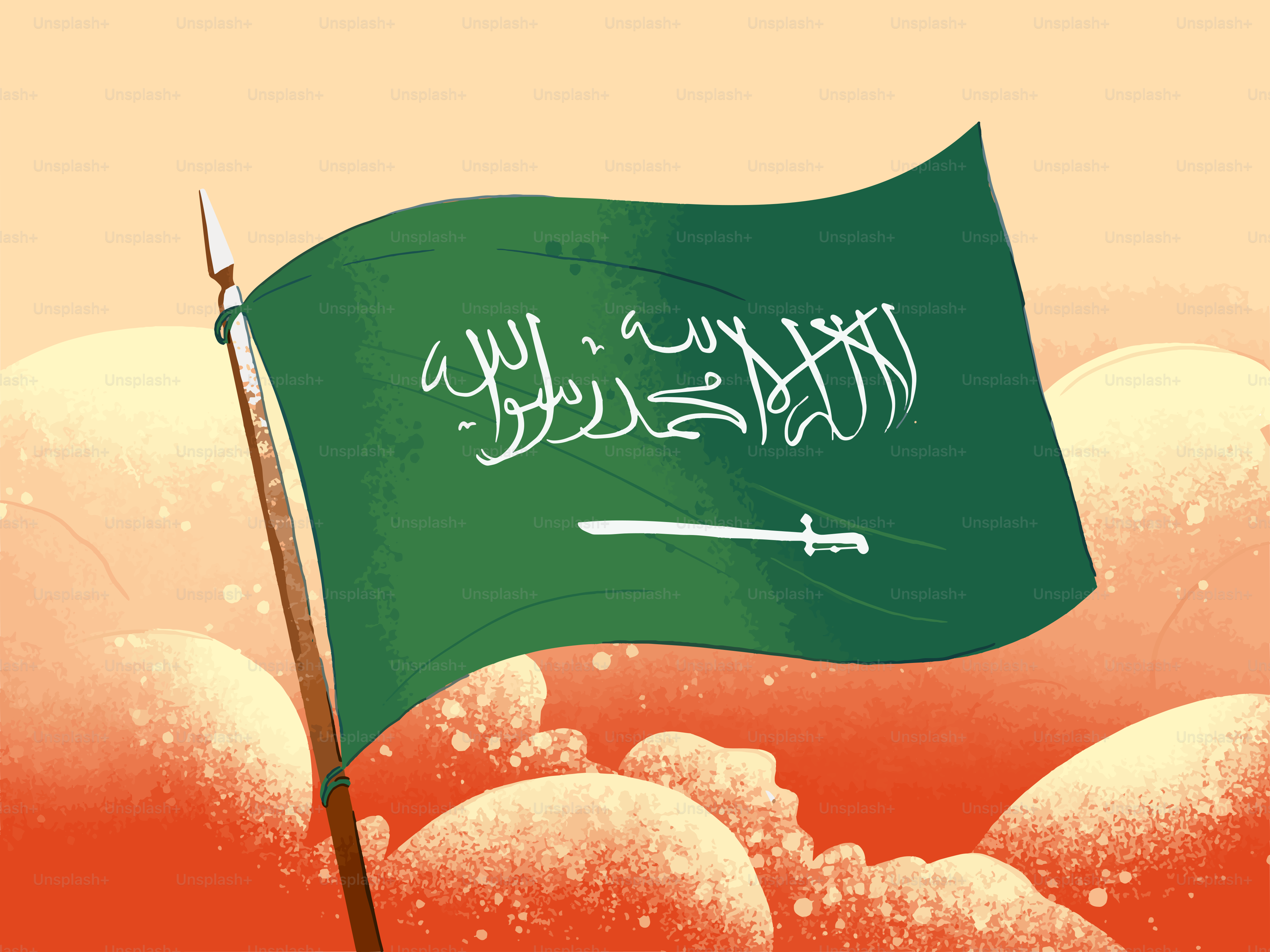 Una bandiera saudita sventola contro un cielo arancione.