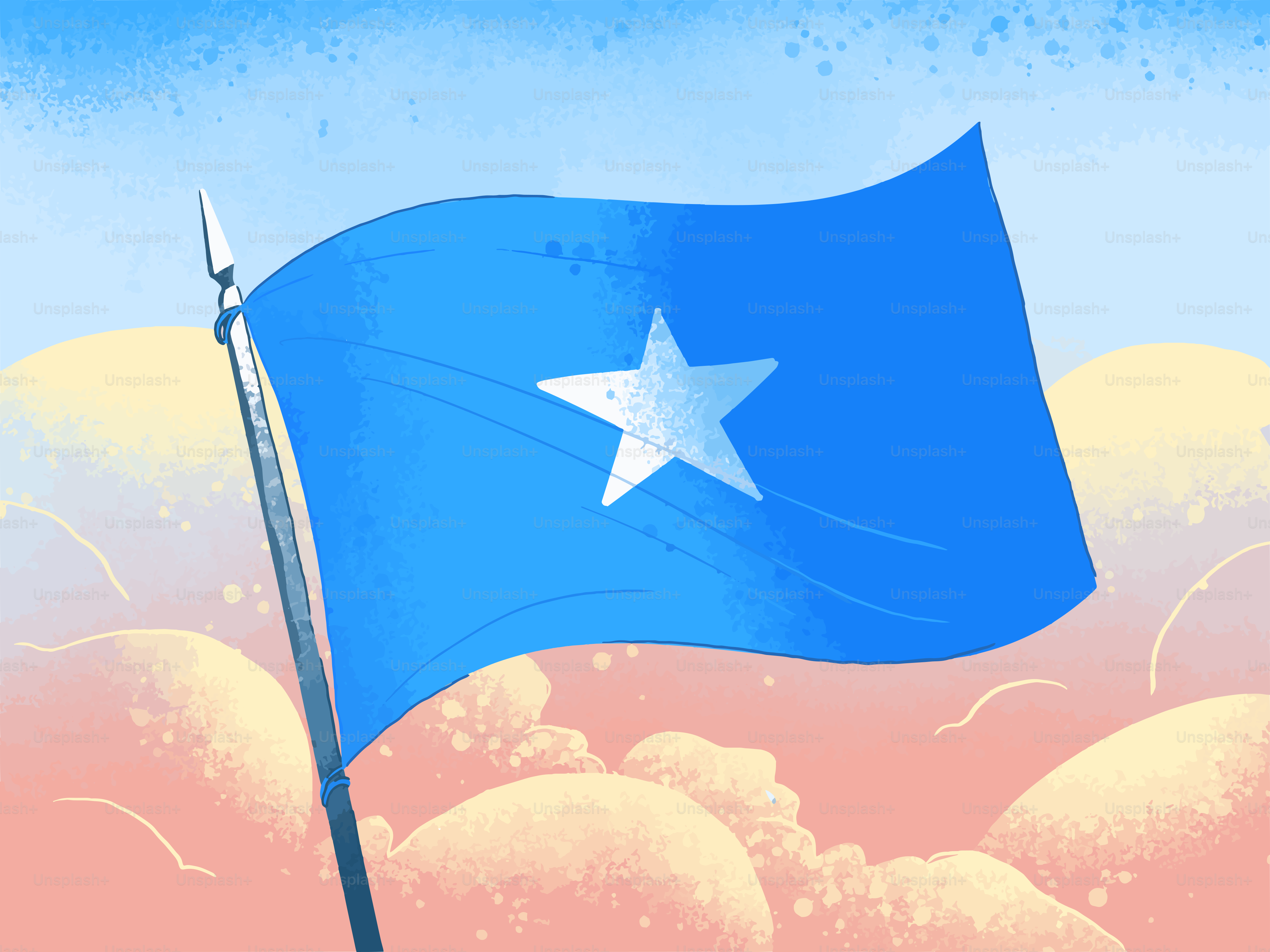 Bandeira da Somália tremulando contra um céu colorido.