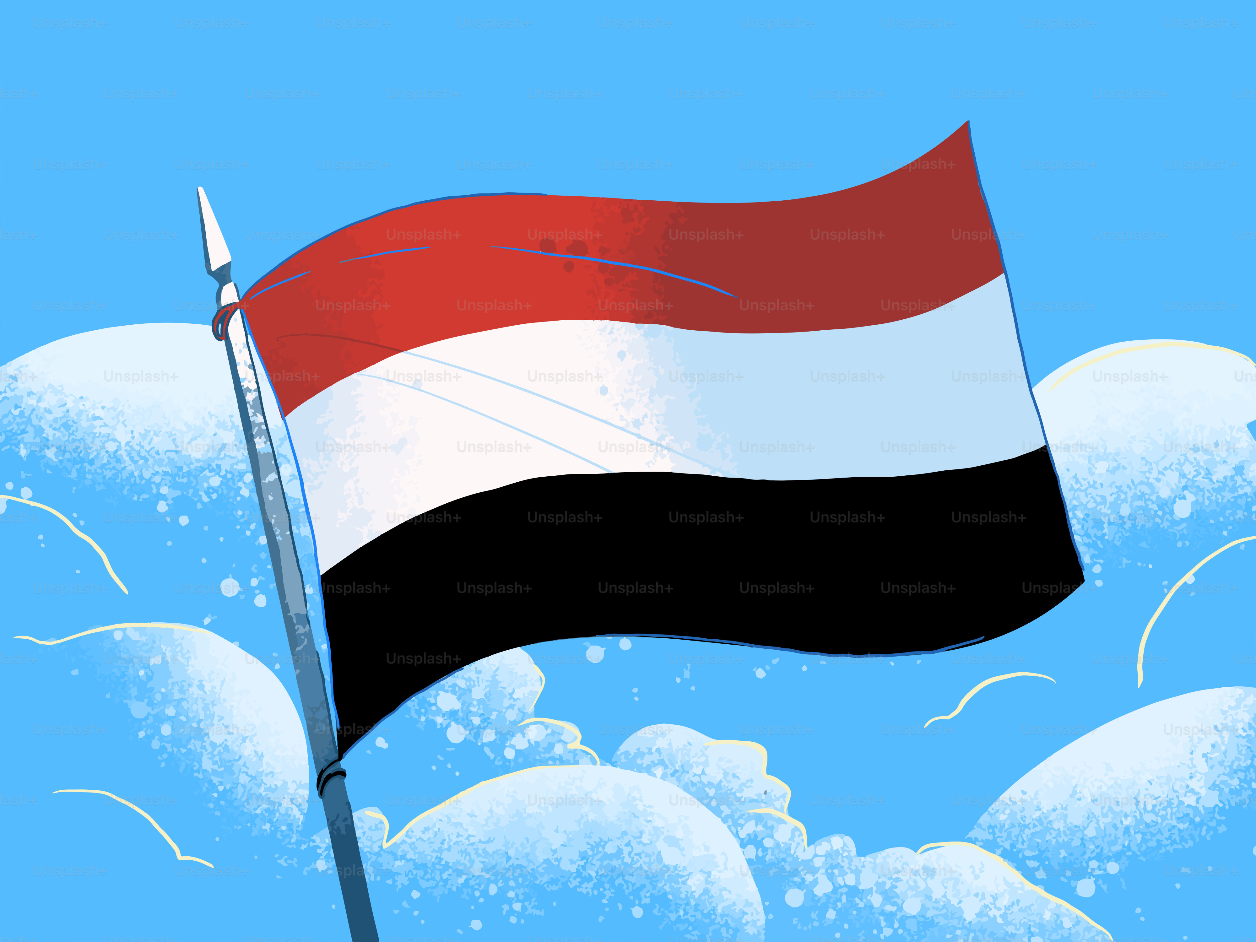 La bandiera dello Yemen che sventola contro un cielo azzurro.